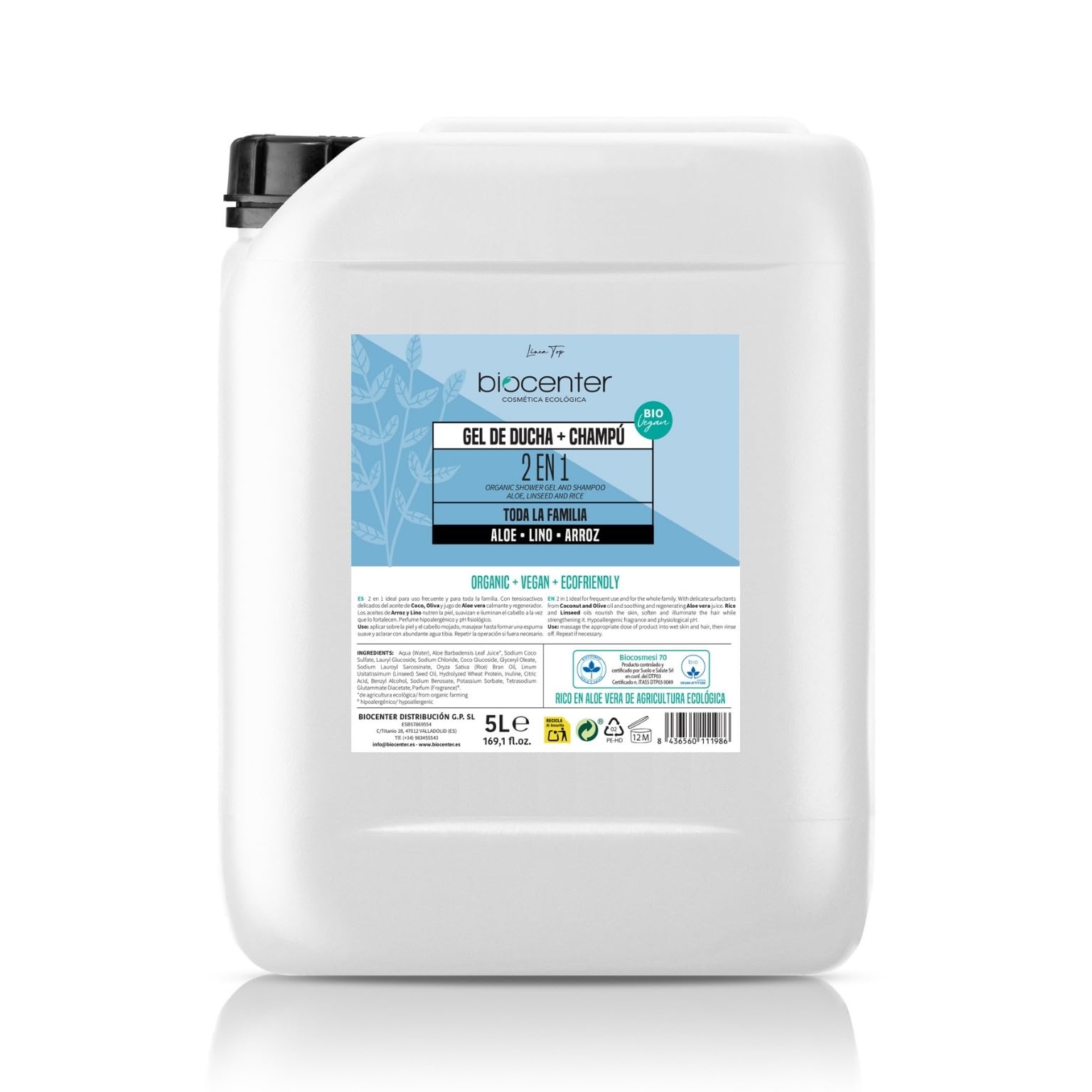 Gel de ducha y champú natural 2 en 1 Biocenter Recarga Ahorro 5 litros – ecológico para toda la familia