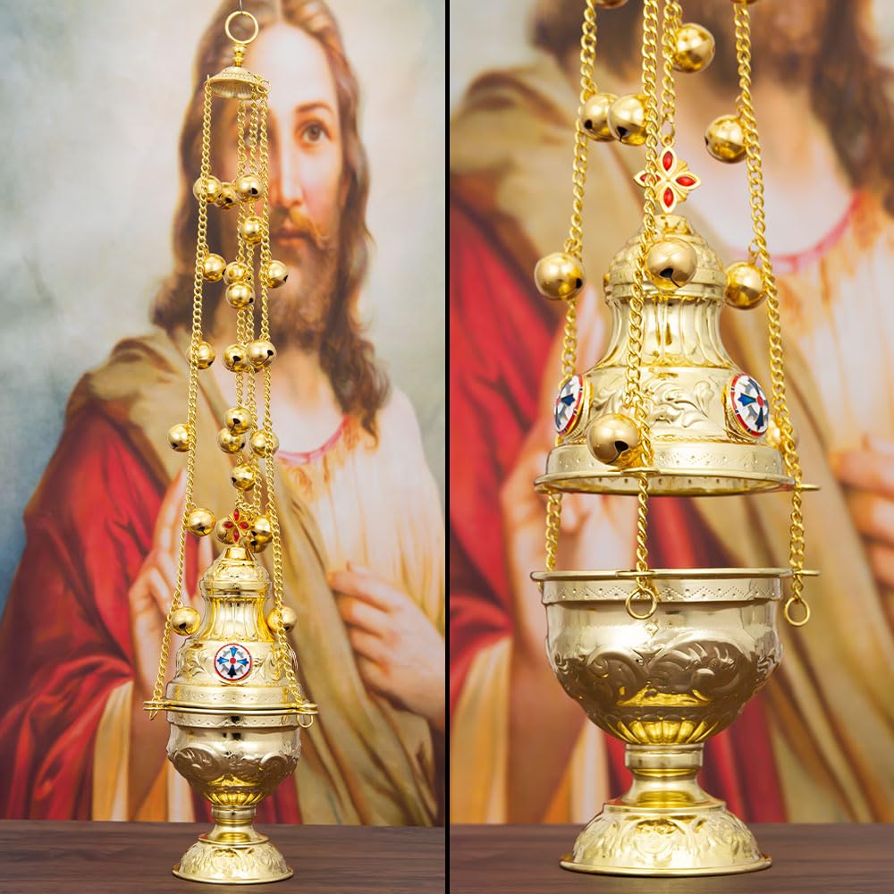 Bruciatore di incenso ortodosso in lega di zinco elettrolitico – Ornamento decorativo da appendere per cerimonia in chiesa con campane e simboli religiosi (croce)