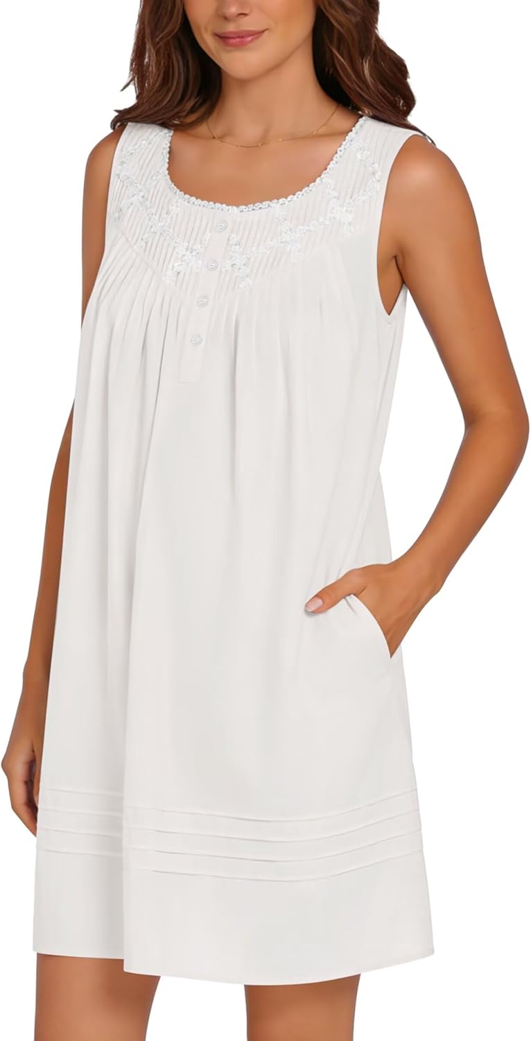 YOZLY Cotton Nightgowns for Women Sleeveless Nightdress Embroidery House Dress with Pockets S-XXXL - Image 2