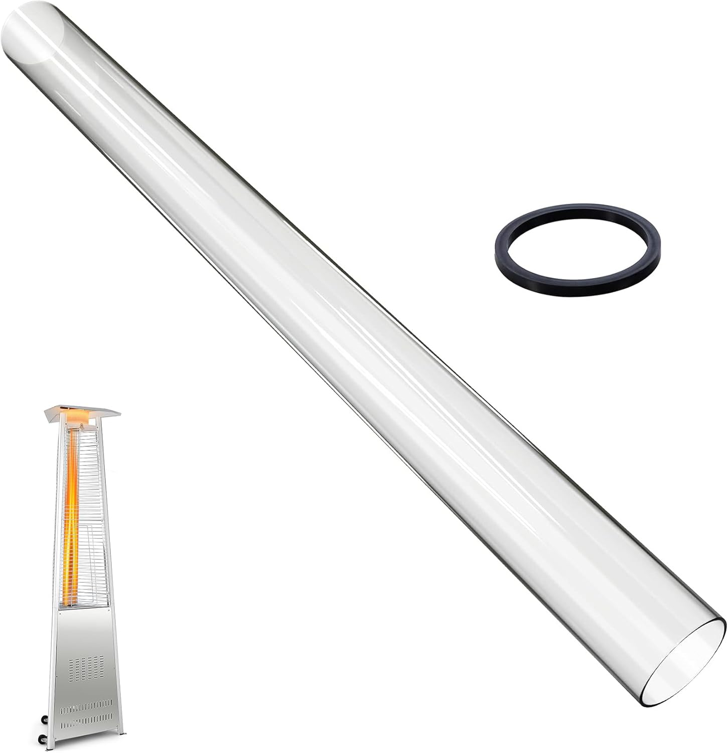 Patio Heater Glass Tube Replacement, 49.5 x 4" Patio Heater Replacement Parts with Ring, Outdoor Heater Replacement Parts for 4-Sided Pyramid Heater, Glass Tube Patio Heater for Hiland, fire sense
