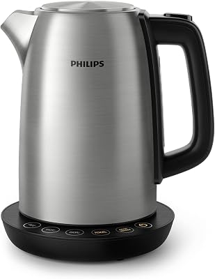 Philips Wasserkocher – 1.7 L Fassungsvermögen mit Temperaturregelung, Warmhaltefunktion und Kontrollanzeige, Pirouettenbasis, 2200 Watt, 23 x 18.8 x 25.7 cm,Edelstahl, (HD9359/90)