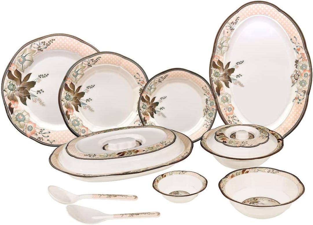 36 Piece Melamine Dinnerware Contemporary Flower Print Design Set, Shatterproof, Lightweight, Artisanal Double Bead Plates & Bowls, Solid Reactive Glazes Dinner (Brown & Orange)