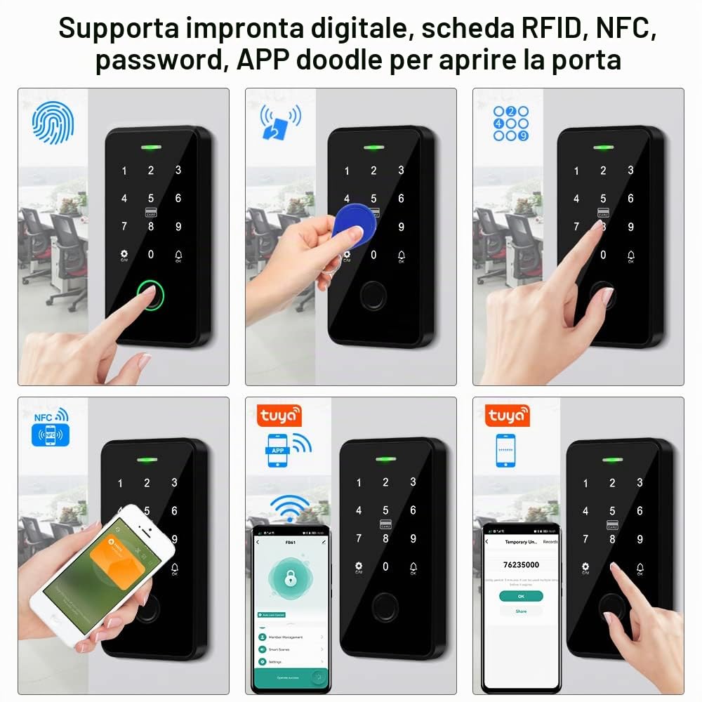 TUYA Kit di Controllo Degli Accessi Impermeabile,Tastiera Touch RFID,Serratura Elettronica a Chiave,Alimentazione 3A,Pulsante del Cambio,Campanello Cablato,15 Chiavi da 13,56MHz