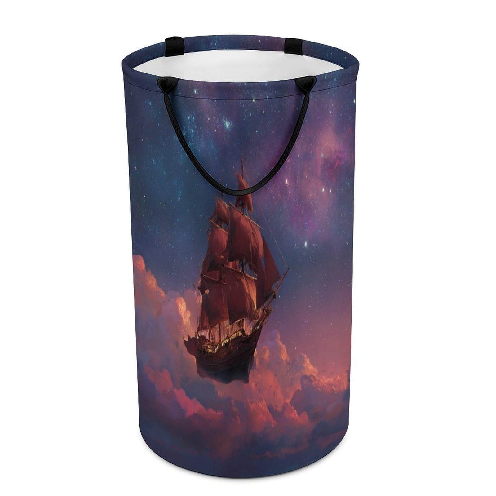 LUYYSKY Fantasy Colorful Pirate Ship Collapsible Dirty Clothes Basket, Cool Watercolor Starry Sky Galaxy Cloud Pattern Portable Clothes Storage Laundry Basket-40 CM Dia, 69 CM High