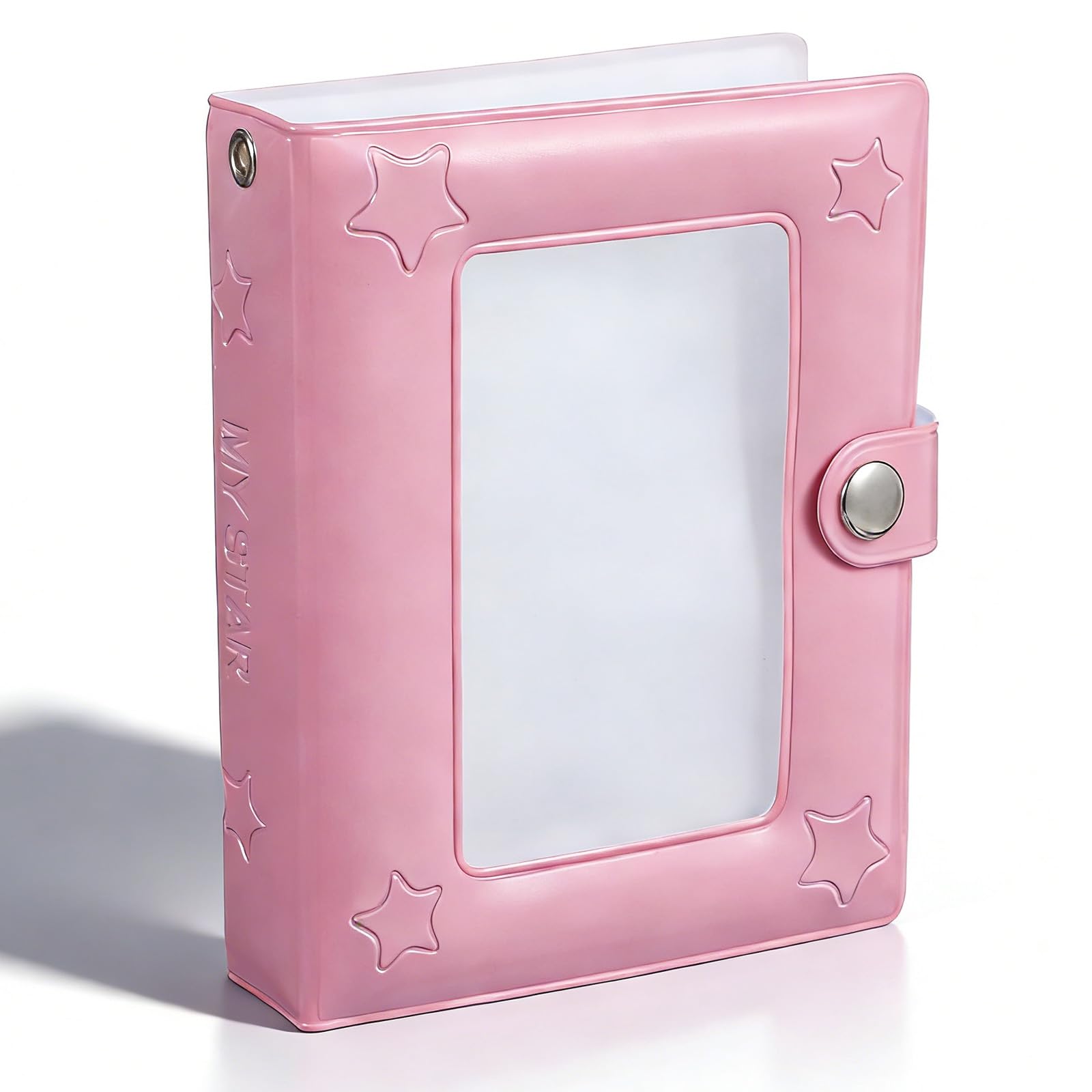 Mini Photo Card Binder 9.4cm Pocket Hollow Photocard Holder Book with 40 Pockets, Small Star PU Leather Cover Trading Cards Album Photocards Binder for Collecting, Travel-Friendly Storage(Pink)