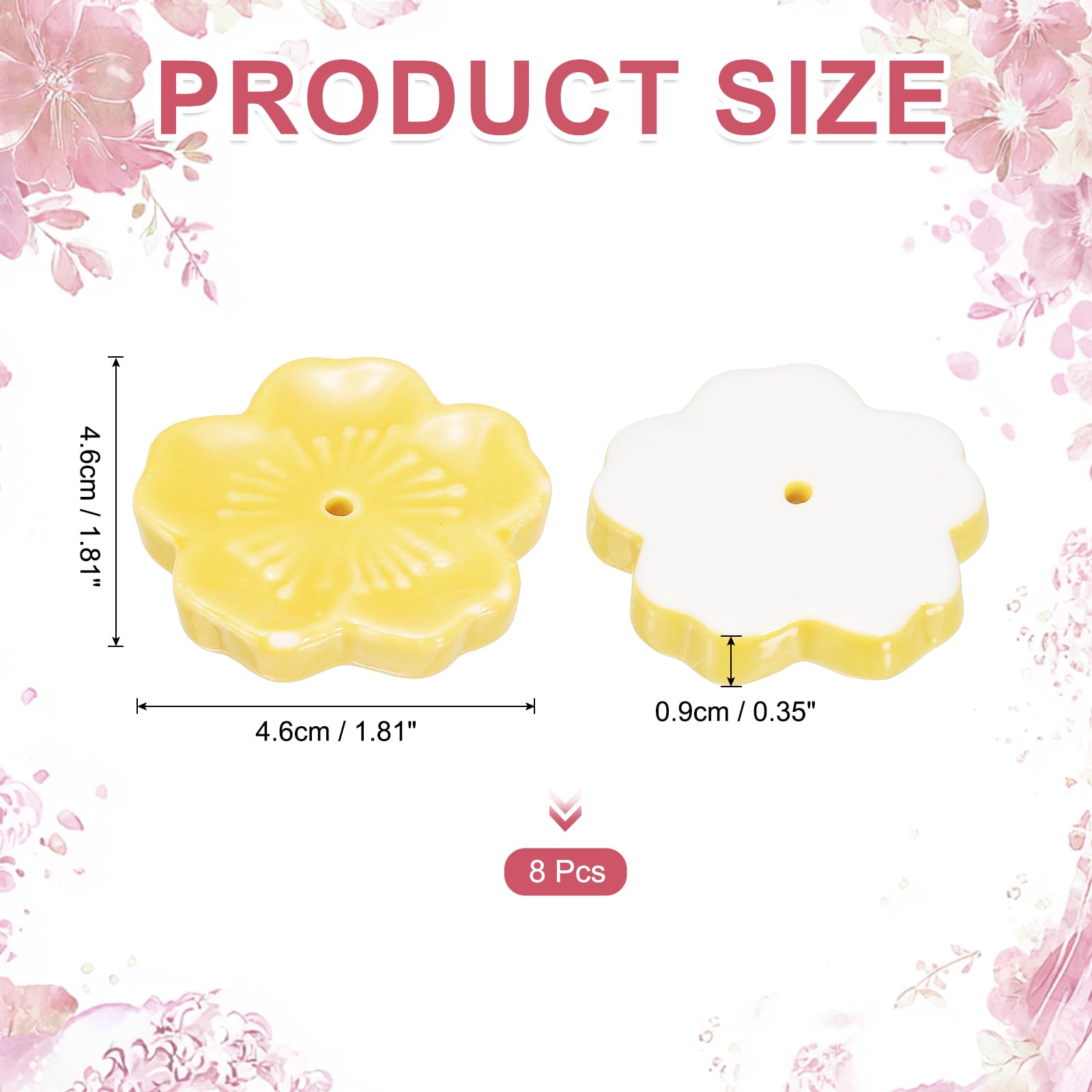 QUARKZMAN 8Pcs Porta Incenso In Ceramica Fiori Di Ciliegio 1.8"x1.8"x0.35" Porta Bacchette Incenso Decorazione Per Casa Ufficio Aromaterapia Giallo