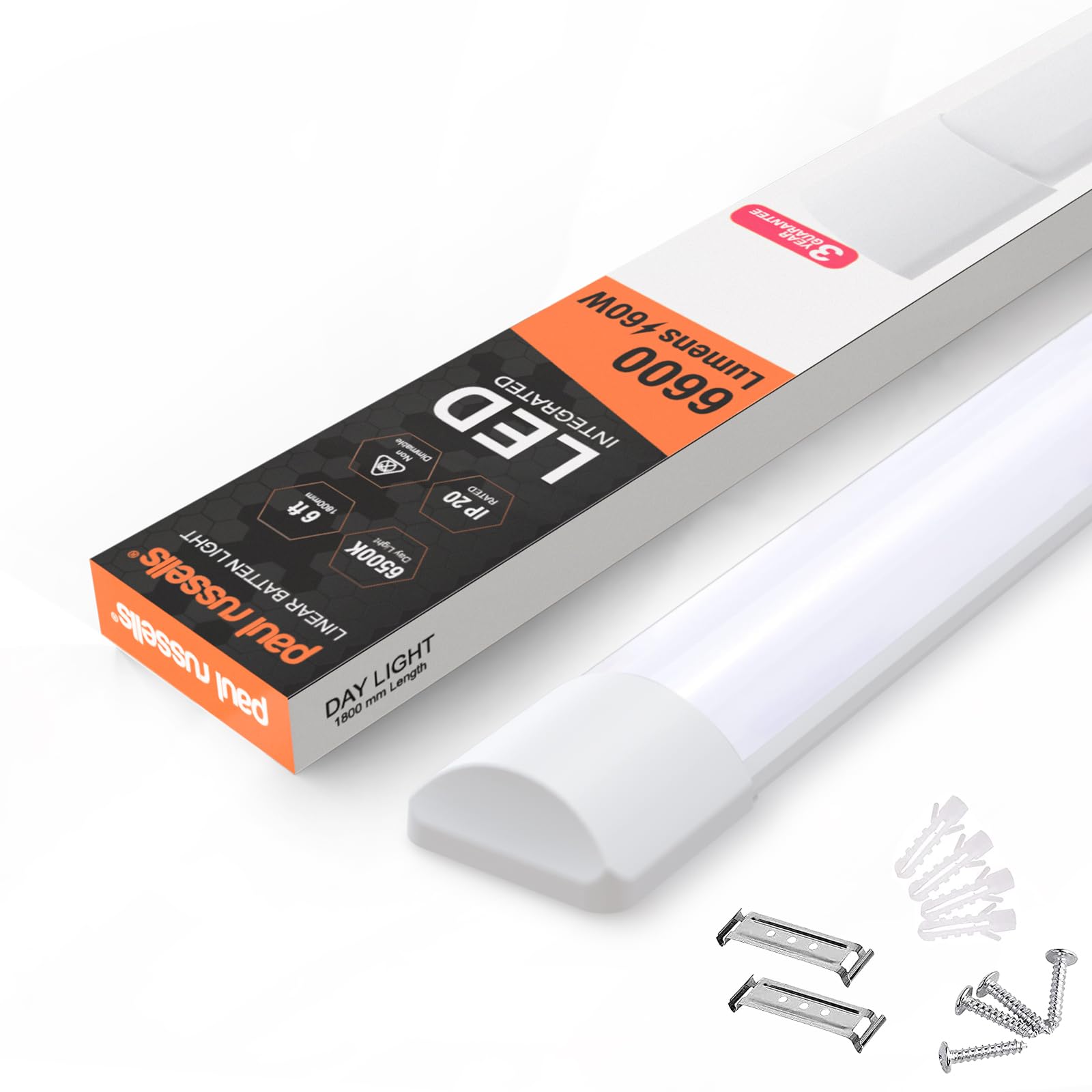Paul Russells Daylight - 6500K 6Ft Led Batten Light, Ceiling Fitting Tube Light, 6500K Daylight, 60W, 6600 Lumens, Light For Office, Bathroom, Kitchen, Garage, Warehouse Fluorescent Lighting Replacement, 2 Packs