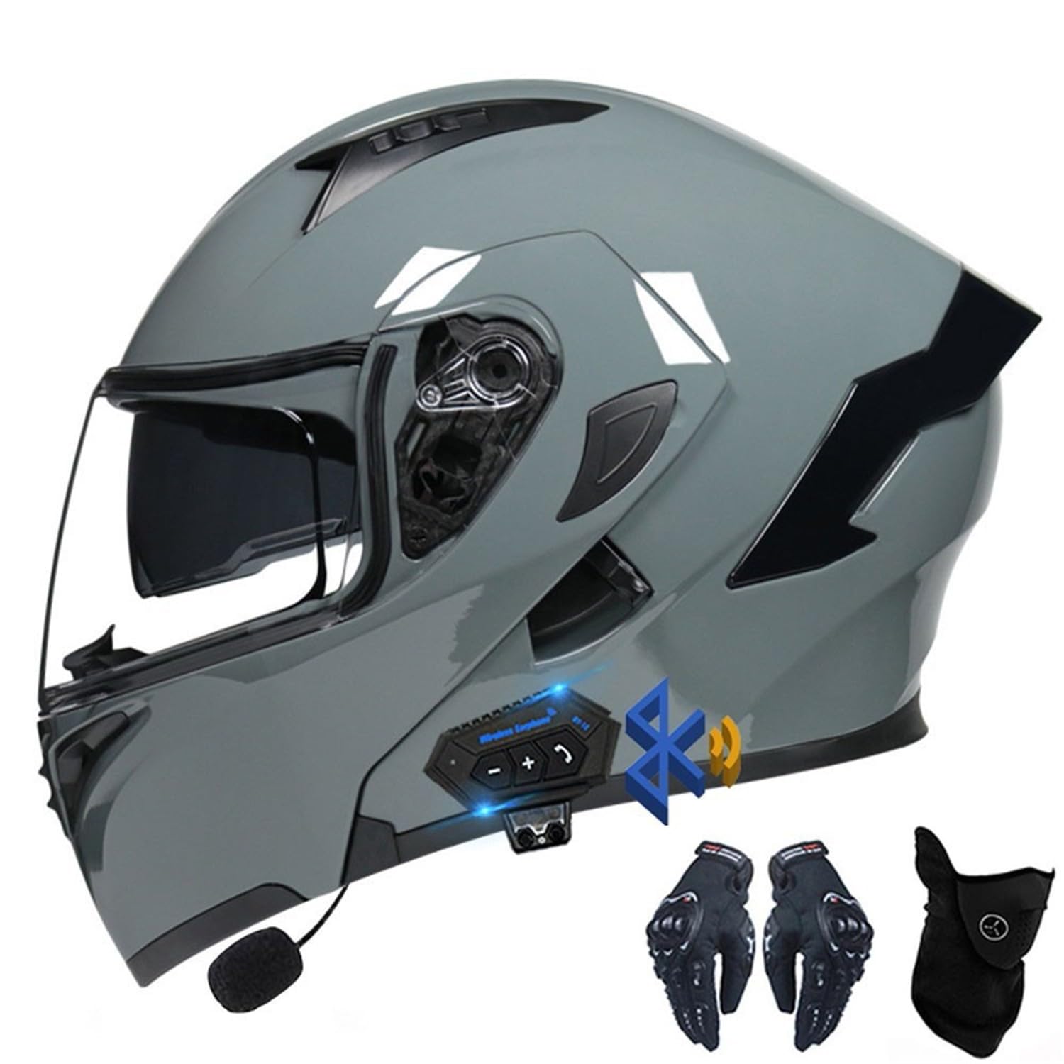 CNNGU Motorcycle Bluetooth Helmet With Gloves And Face Cover, DOT/ECE Approved Flip-up Helmet Modular Helmet, Double Sun Visor Full Helmet, Removable And Washable Lining