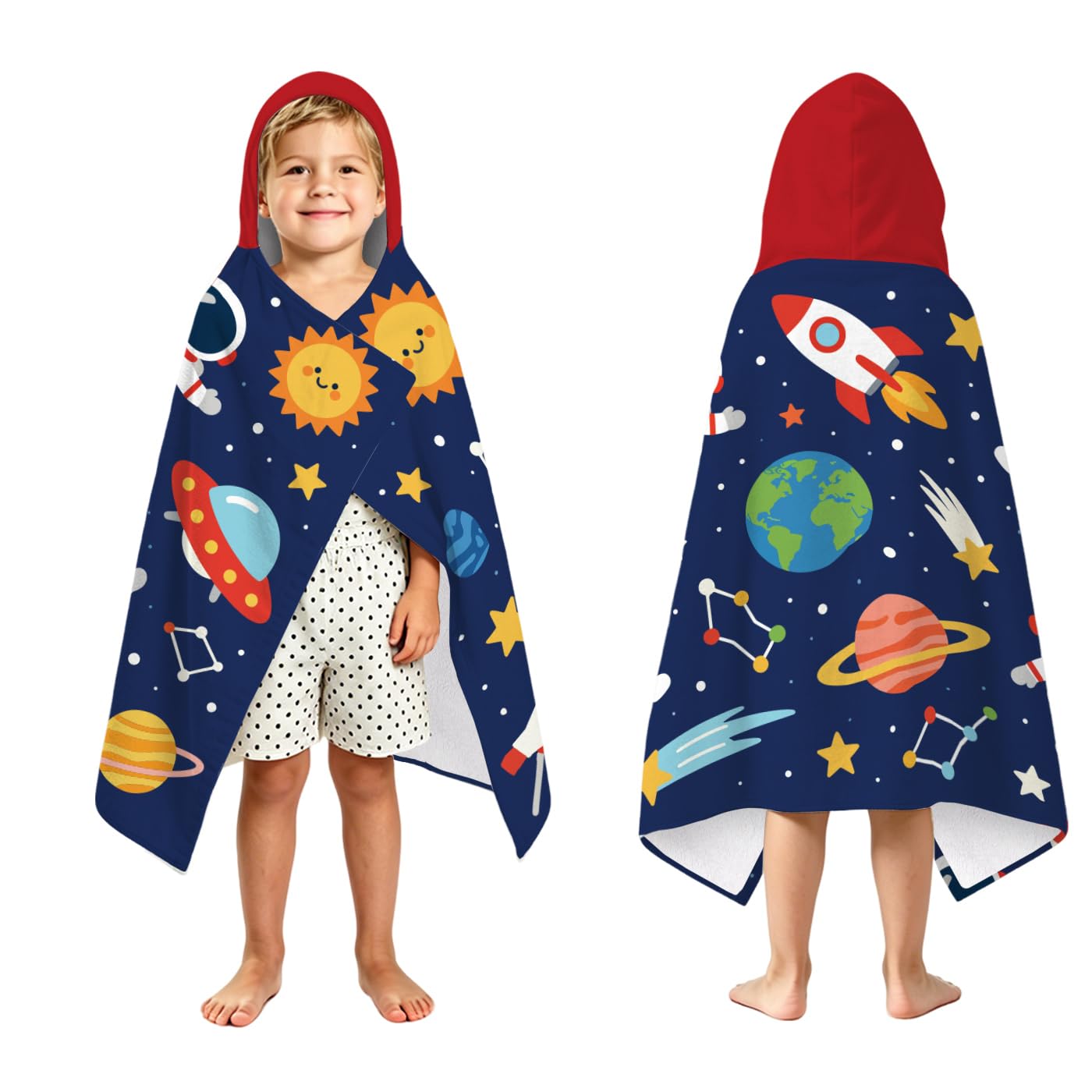 peacoblue Badeponcho Kinder Kapuzenhandtuch Astronaut Und Planeten | Mikrofaser Kapuzenhandtuch 76x127cm für Kinder 2-8 Jahre, Schnell trocknend für Strand, Pool und Schwimmen