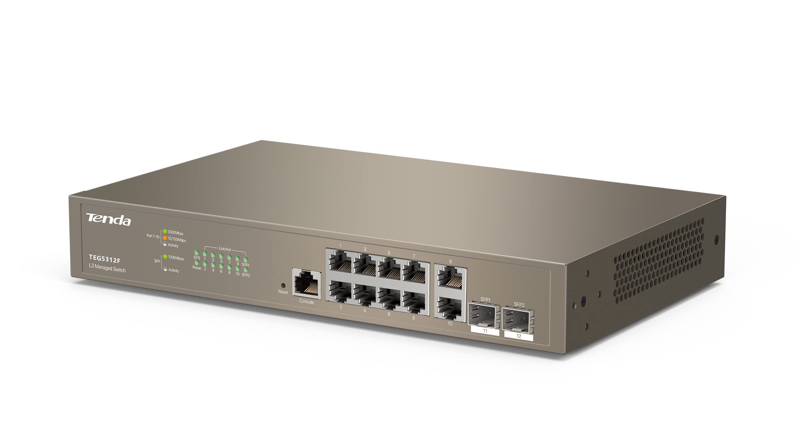 Tenda TEG5312F Switch Ethernet Gigabit Managed L3, 10 Porte Gigabit Base-T Ethernet con 2 Porte Gigabit Base-X SFP, QoS, Difese da Attacchi Multipli, Desktop e Montato su Rack, Struttura in Acciaio