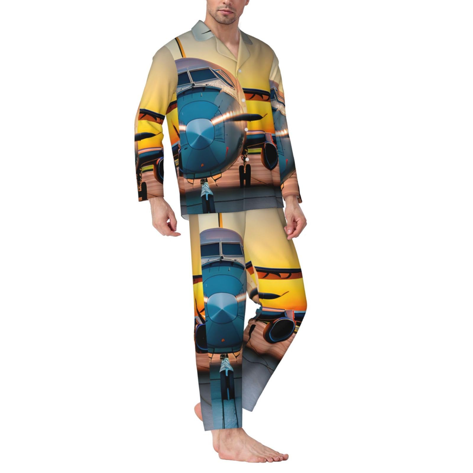 Herren-Pyjama-Set, Motiv: Flugzeug bei Sonnenuntergängen, langärmelig, zweiteilig, bequeme Nachtwäsche