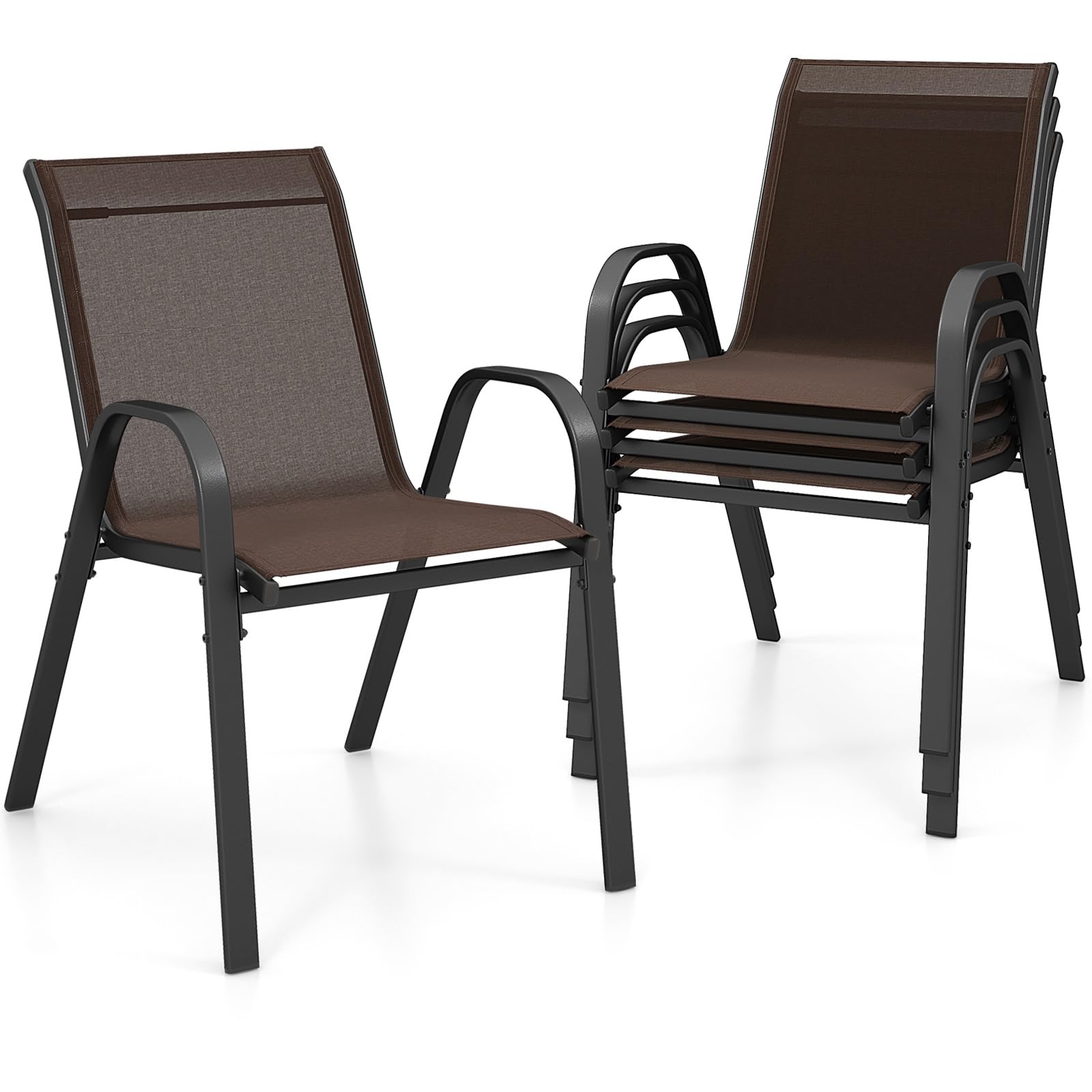 GIANTEX Juego de 4 Sillas de Exterior, Silla de Comedor Apilables con Marco de Acero con Reposabrazos y Respaldo, 56 x 70 x 84 cm, Sillas Ergonómicas para Piscina, Terraza, Jardín (Marrón)