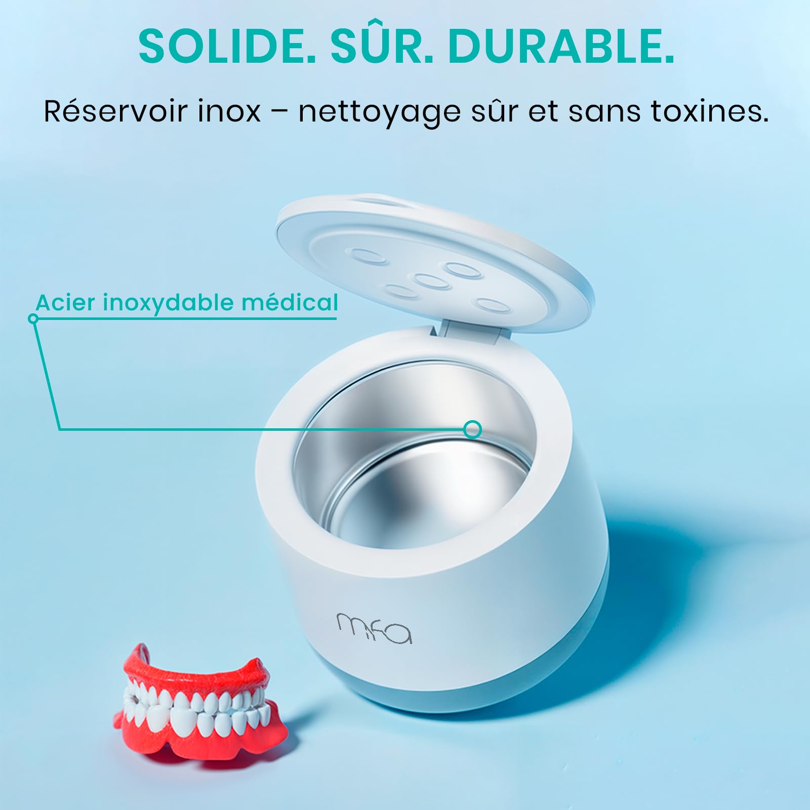 mfa® | Nettoyeur à ultrasons pour prothèses dentaires, appareils orthodontiques, gouttières, aligneurs, dentiers, protège-dents, bijoux | Ultrasonic Dental Cleaner