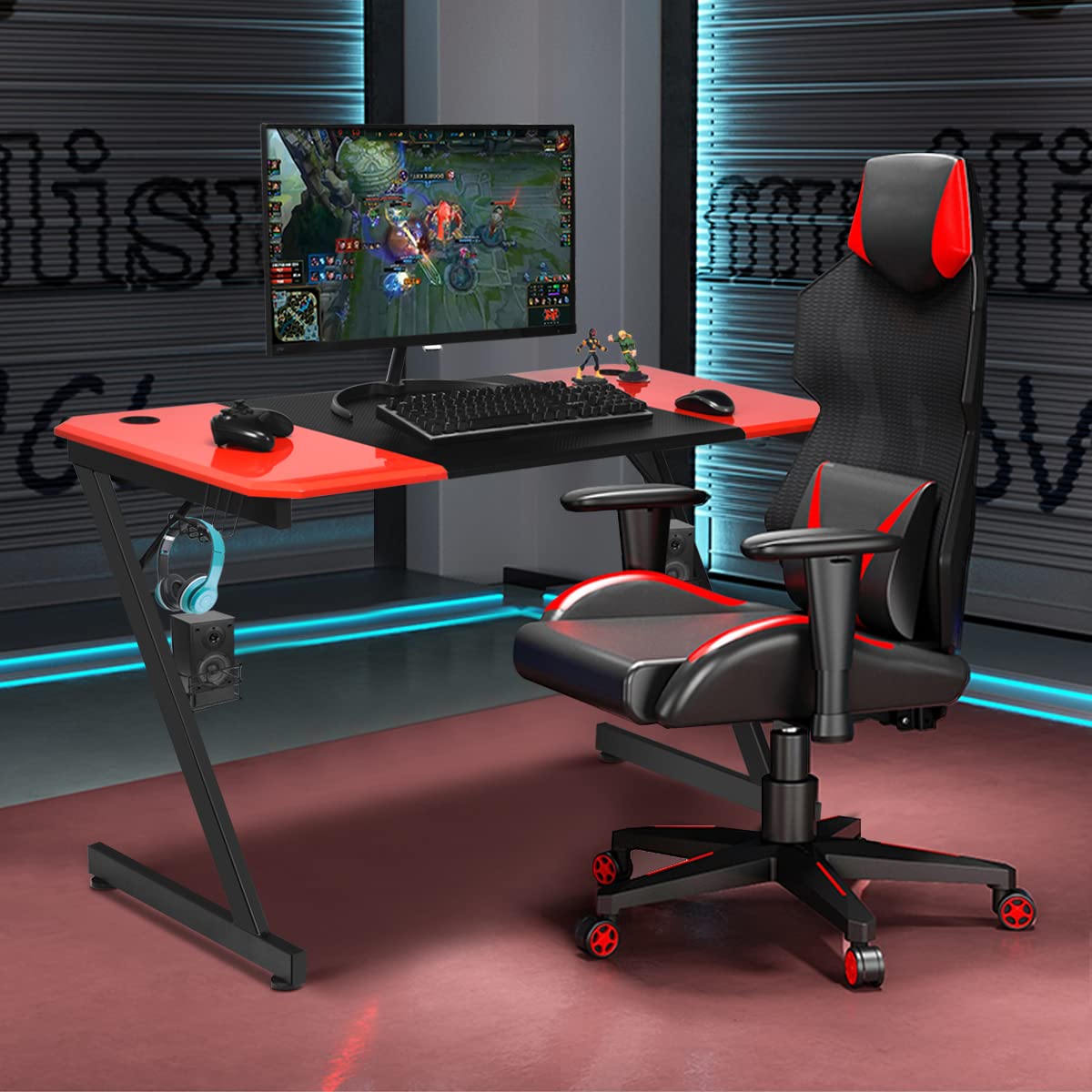 GIANTEX Scrivania Gaming a forma di Z, Scrivania Grande 120x60x76 cm, Scrivania da Gioco con Supporto per Bevande, Tavolo per Gaming o Computer, Ergonomica, Nero+Rosso