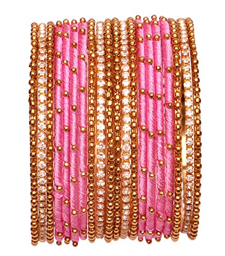 Image of NMII Non-Precious Metal with Base Metal and Zircon Gemstone Studded Ball Chain Linked Glossy Finished Silk thread Bangle set for Women and Girls