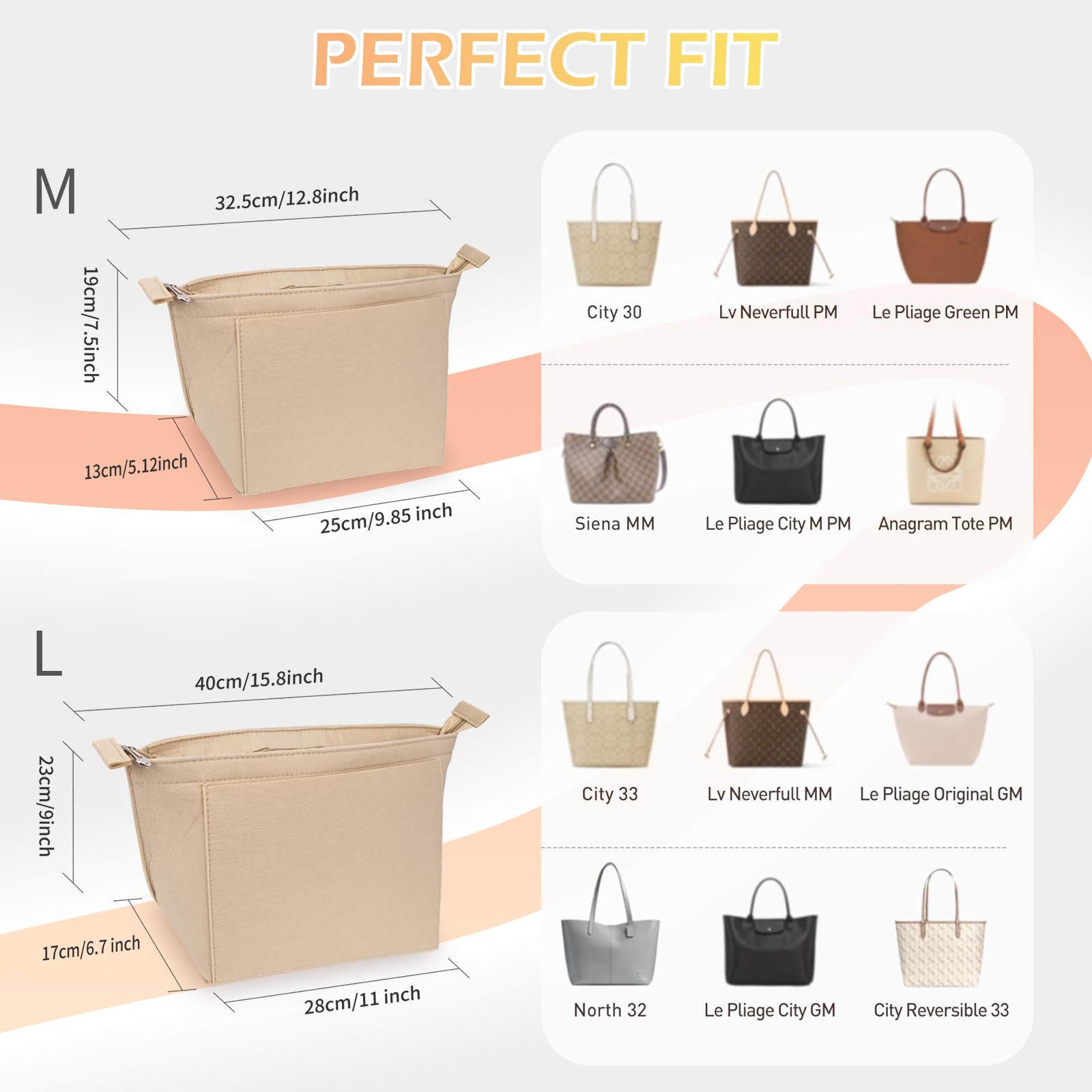 GADITIEK Inserto organizer per borse, in feltro, beige, grande, organizer per borsa Longchamp, organizer per borse Le Pliage grande, organizer per borse (beige, L)