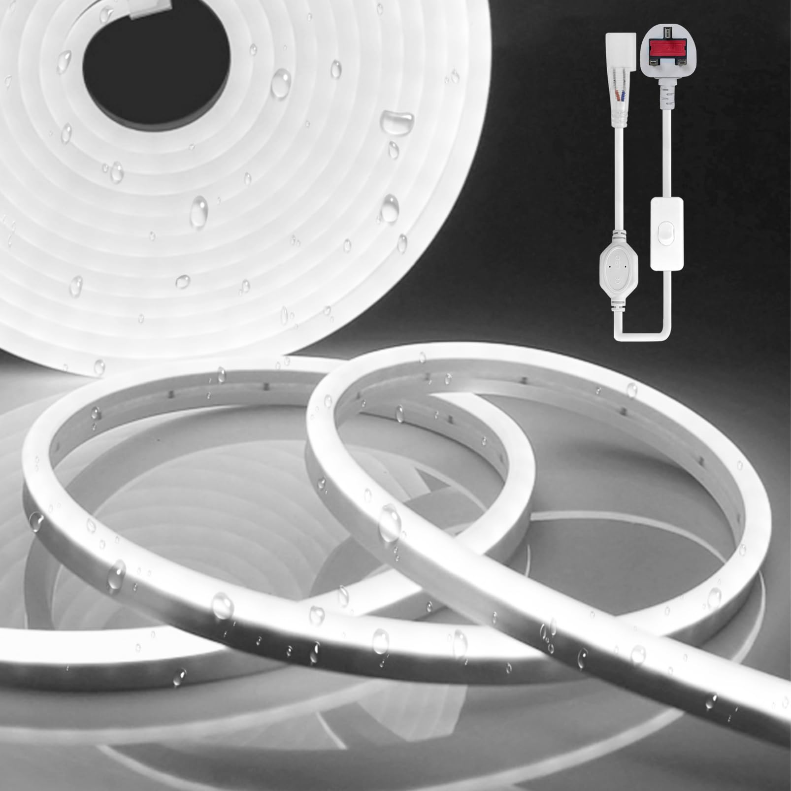 YOODI Neon LED Strip Lights 2M, 220-240V 120LED/M White Light LED Light Strips, IP65 Waterproof Flexible Neon Rope for Kitchen Bedroom Outdoor Indoor Decoration Includes Power Adapter — image 1