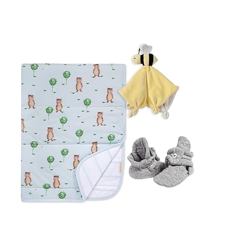 Burt's Bees Baby Set de regalo unisex para bebé manta reversible de jersey, botines ajustables para bebés y abeja de felpa, paquete esencial de