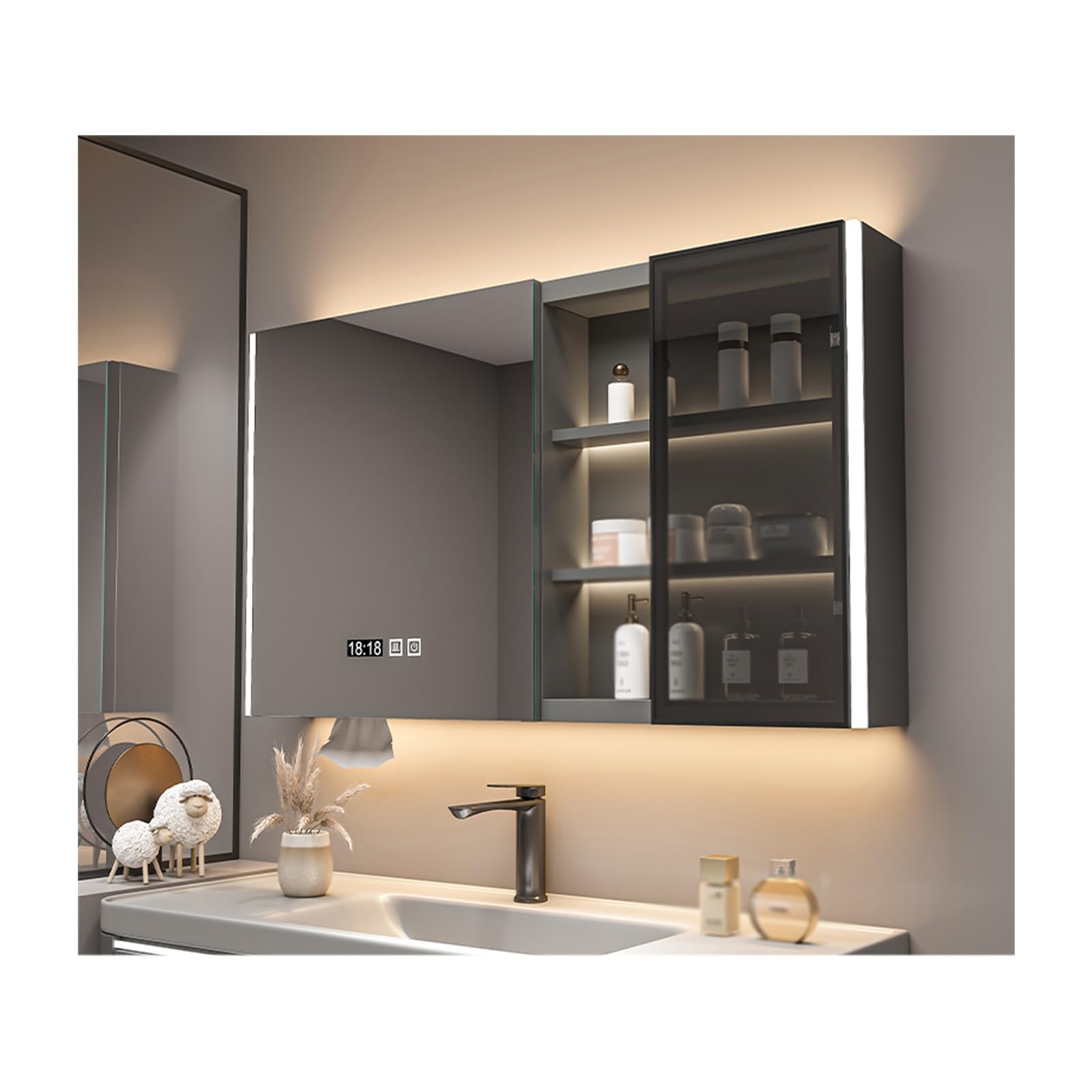 FLYIODFCXV bathroom mirror cabinet, Solid Wood Panel, High-Definition Mirror, Intelligent Defogging(Grey,B-120 * 70CM/47.2 * 27.5IN)