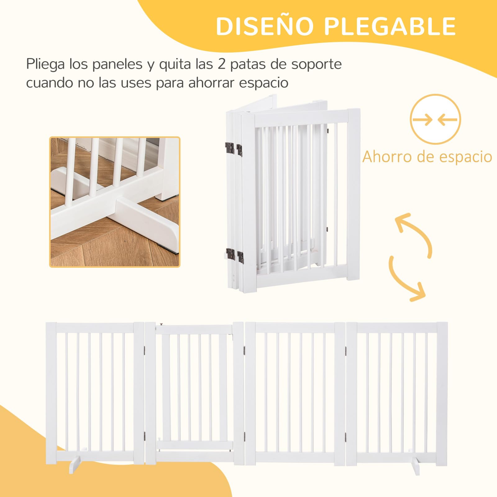 PawHut Barrera de Seguridad Perros de Madera Plegable 204x36x75 cm Blanco | para Escaleras y Puertas, Valla para Perros Pequeños y Medianos, 4 Paneles, con Soporte de Pie, para Interiores