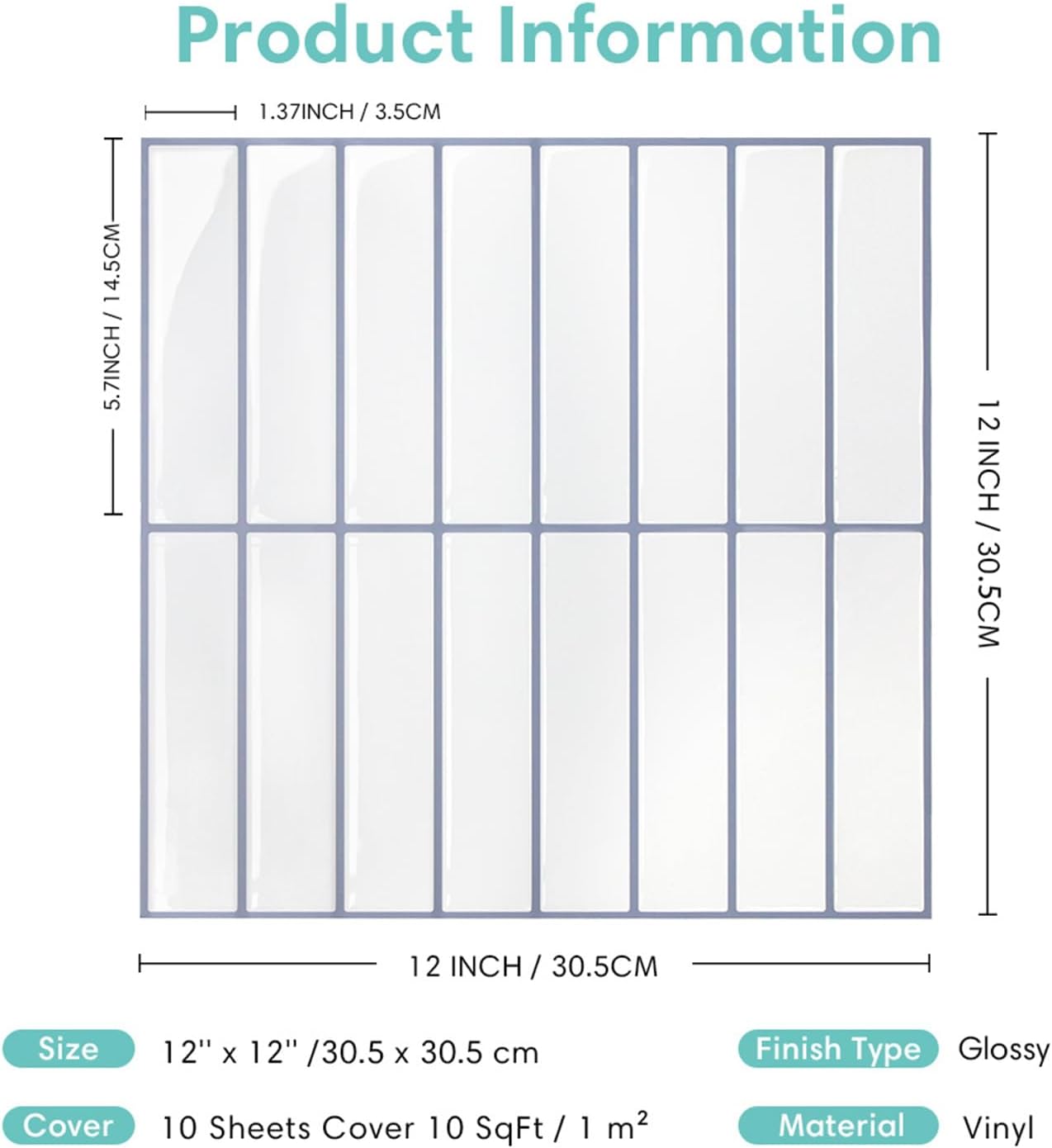 Commomy Peel and Stick Backsplash Tile - 10 Pcs of 12'' x 12'' Vertical 3D Stick on Tiles for Kitchen and Bathroom Interior Wall Tile, White (Glossy Surface, White with Gray Grout, Covers 10 sq.ft)