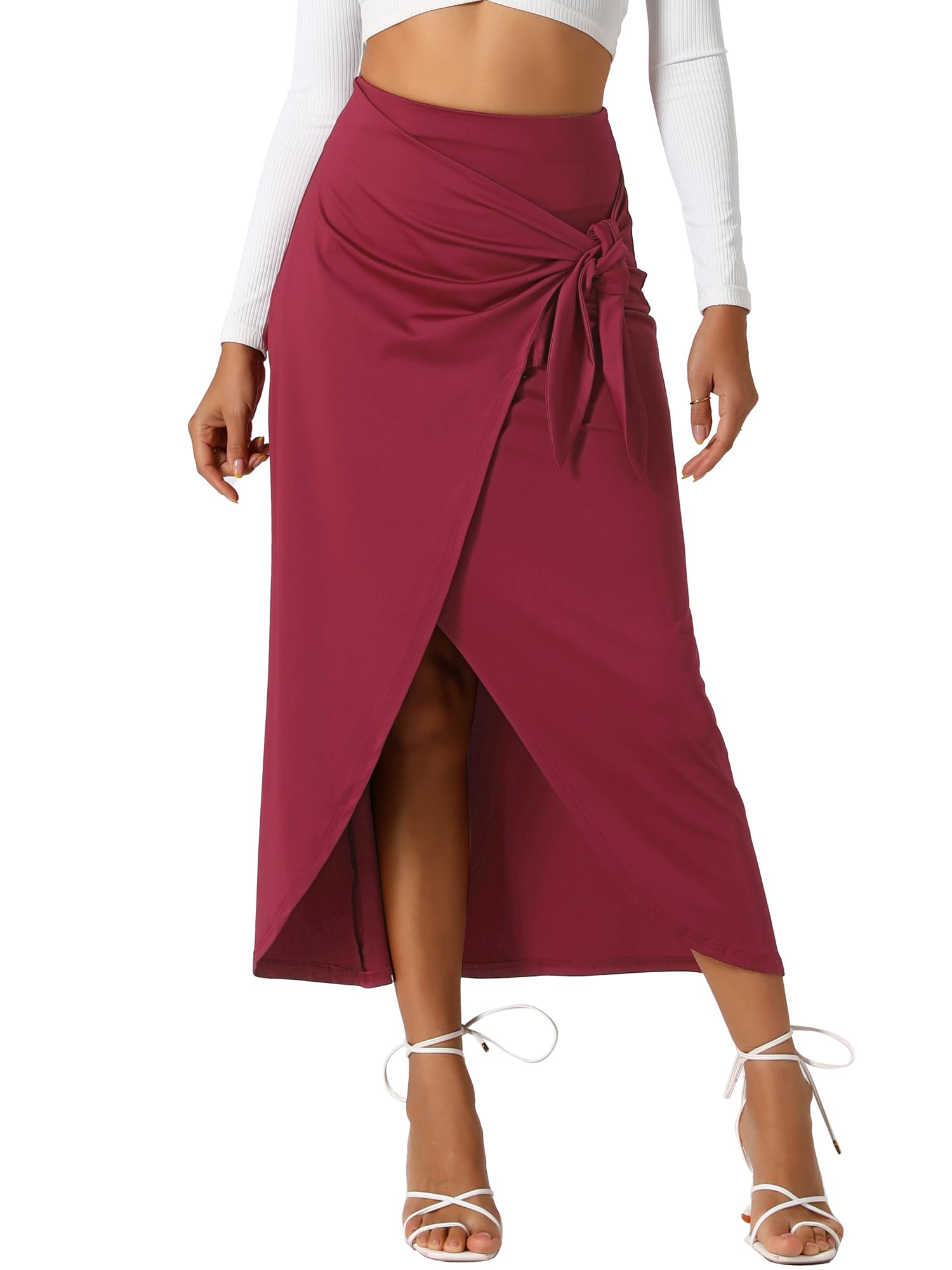 Allegra K Jupes pour femme - Jupe longue fendue sur le devant - Taille haute - Style bohème - Style décontracté - Jupe midi moulante