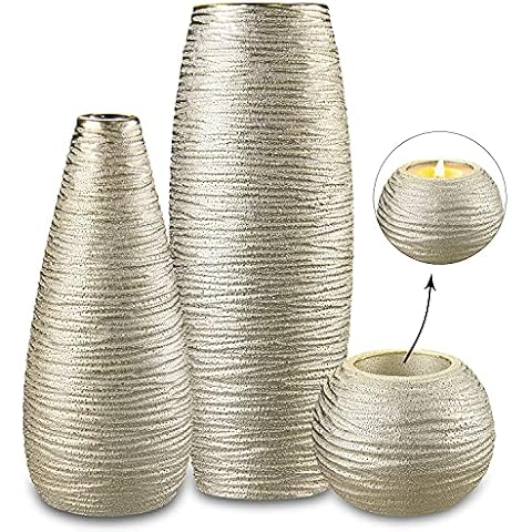 Gold Vase for Flowers Set of 3, Ceramic Vase 23CM + 28CM with Candle Holder, Modern Vintage Style Decorative Vases for Home Office Decor Living Room Table Centerpieces Christmas Wedding Ornament Cover