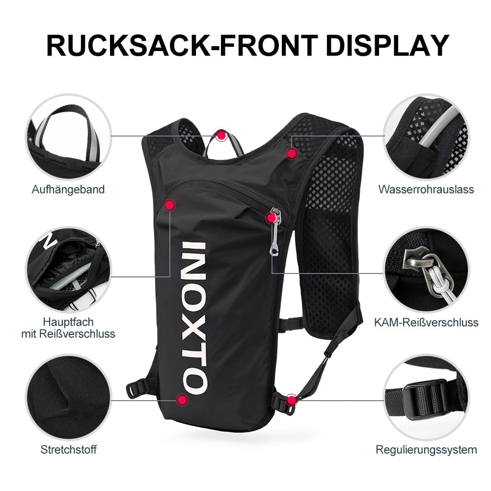 INOXTO Zaino da Corsa 5L - Leggero Zaino Idratazione con Strisce Riflettenti,Rete Traspirante per Outdoor, Maratona, Ciclismo, Alpinismo, Uomoe Donna