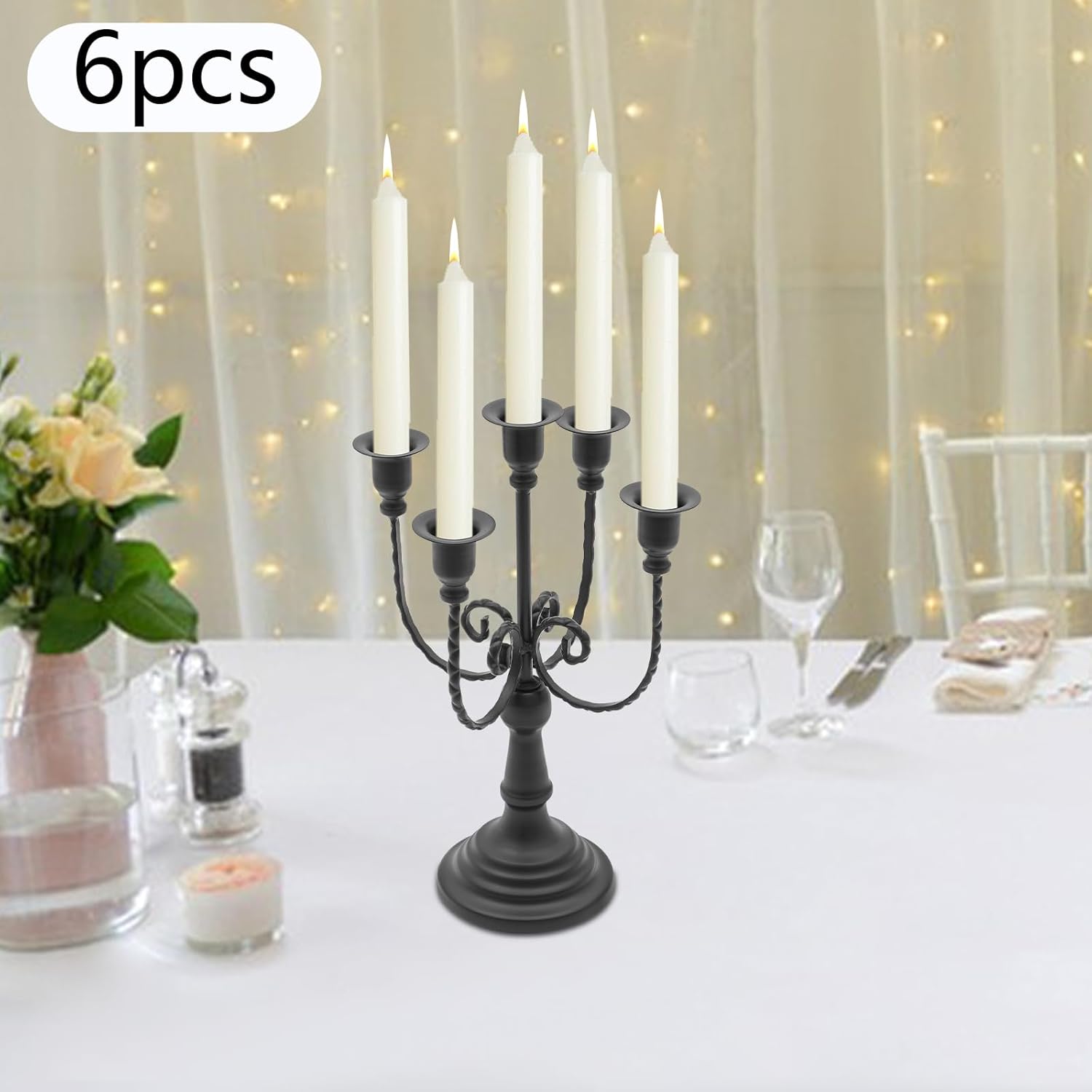 6 Pcs Cast Iron Candelabra - 5-Arms Vintage Candlestick Holders, 12" Candle Centerpieces for Dining Tables - Perfect for Weddings, Engagements, Dinners, Birthdays and Family Gatherings (Black, 6 Pcs)