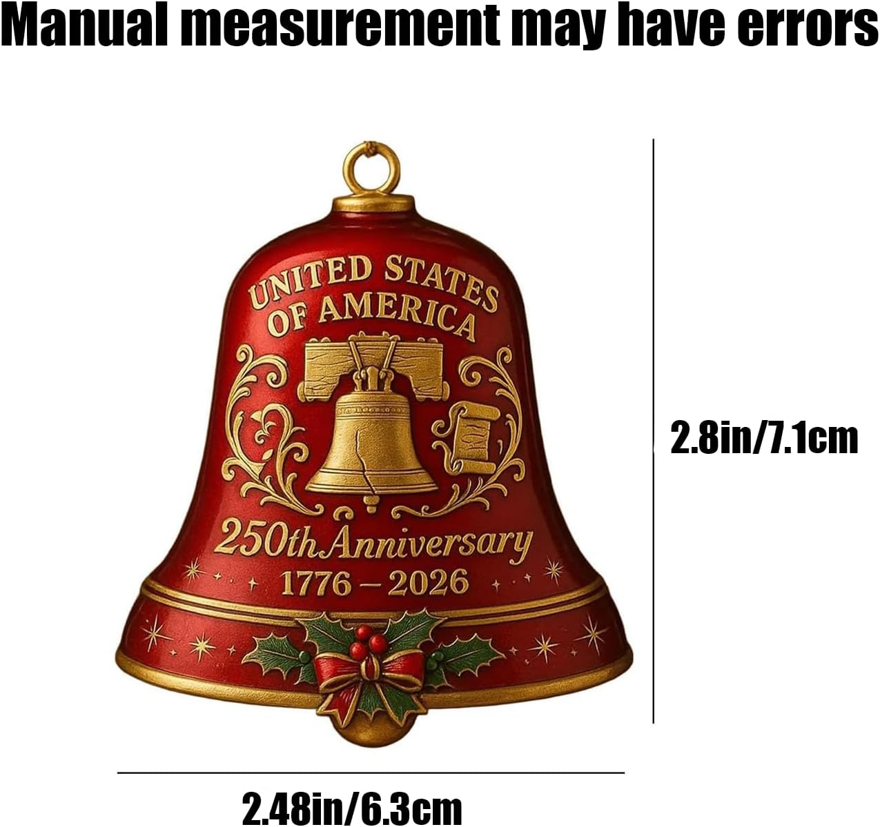 America 250 Bell Ornament, United States 250th Anniversary 1776-2026, 3D Red & Gold Patriotic Hanging Collectible Gifts (Blue)