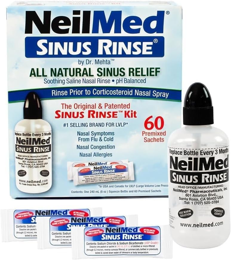 NeilMed Sinus Rinse Kit - 60 Premixed Packets with Bottle All Natural Nasal Irrigation System