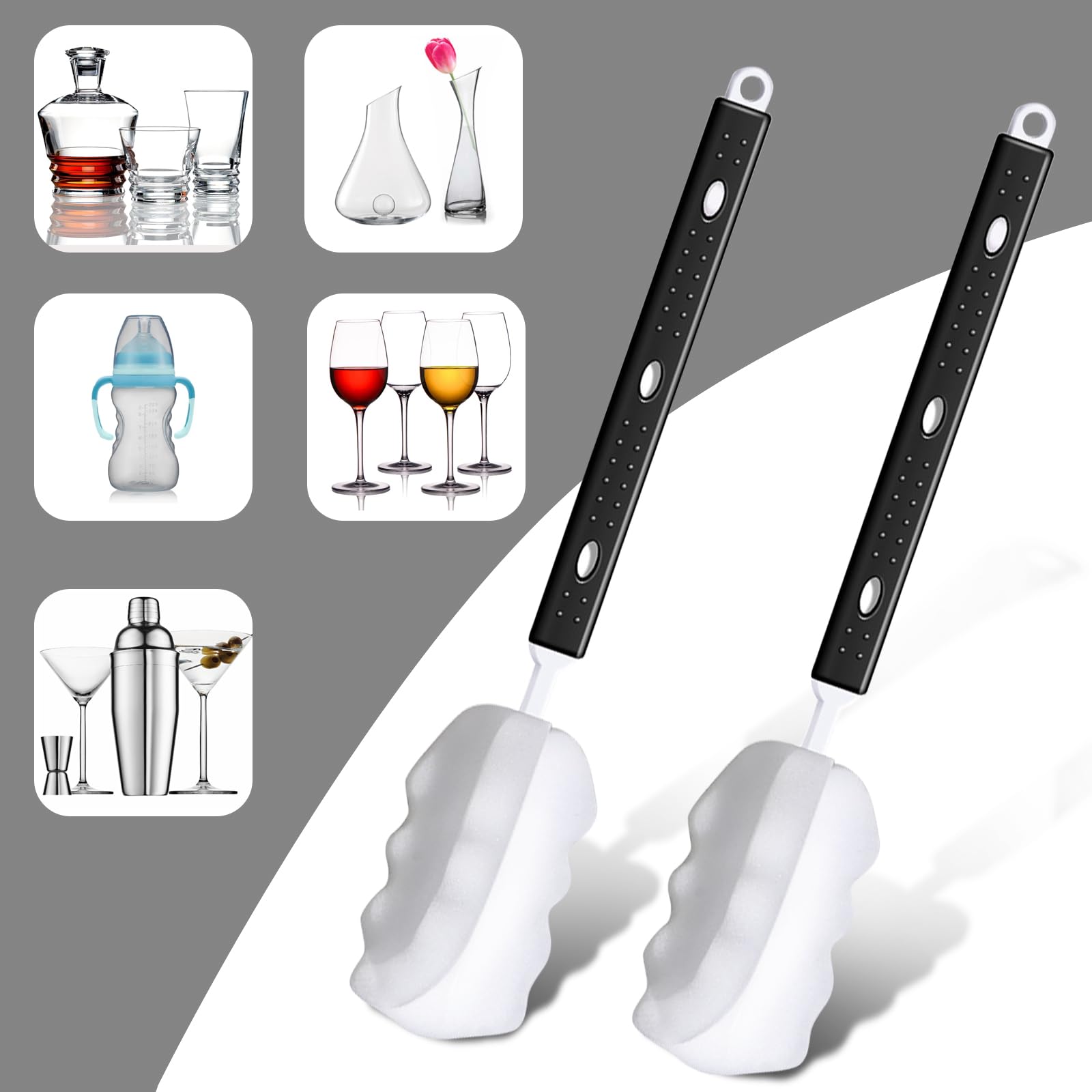 2 pezzi Scovolino per Bottiglie in Spugna, Scovolino Bottiglie, Manico Regolabile Scovolino per Borraccia, Spazzola per Bottiglie, Pennelli per Bottiglie per Biberon, Vetro, Tazza, Bollitore, Vaso