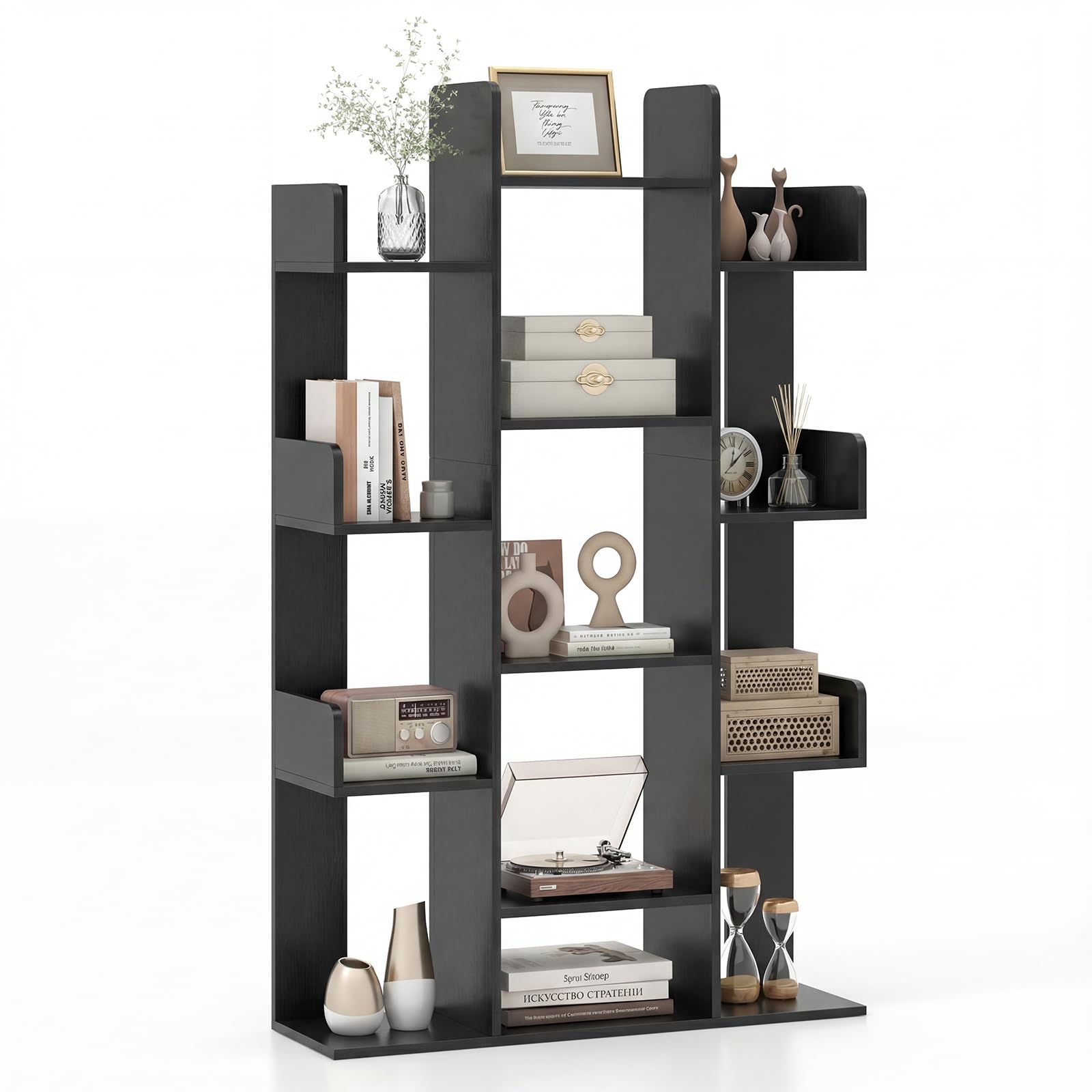 COSTWAY 13 Tiers Bookshelf, Floor Standing Tree Shaped Bookcase Magazines Organiser Unit, Home Office Living Room Storage Rack Display Stand (Black)