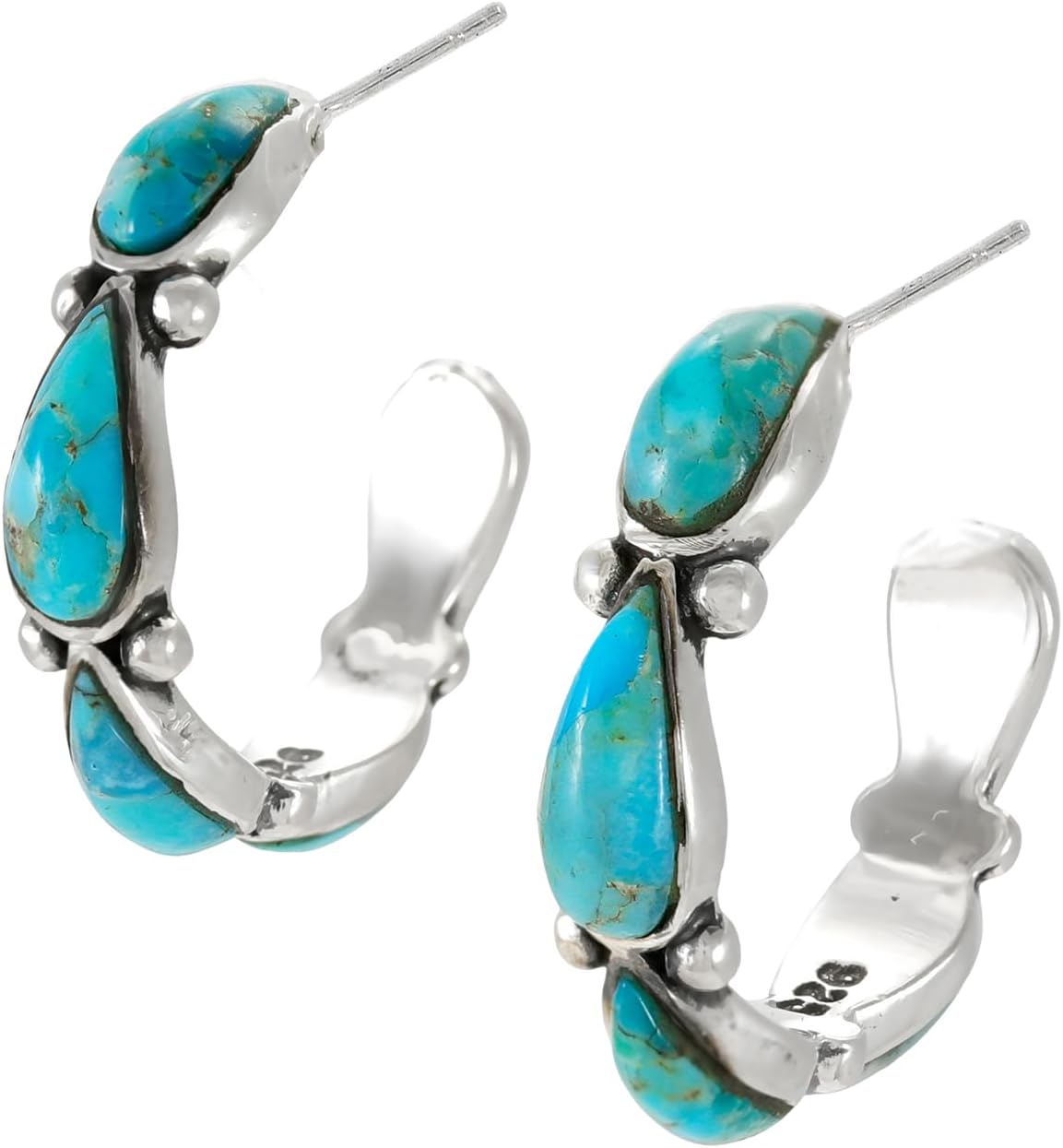 Hoop Turquoise Earrings Sterling Silver 925 Genuine Gemstones & Gemstones