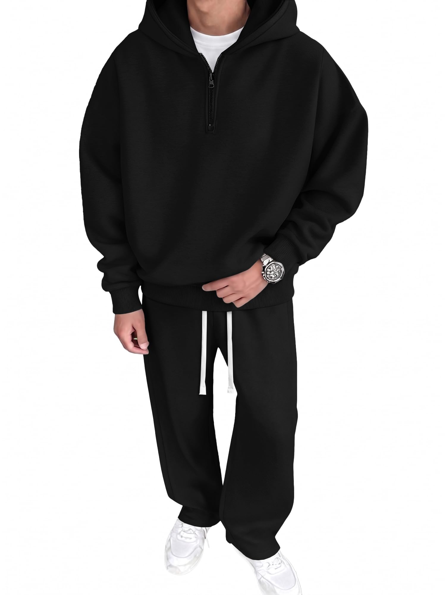 JMIERR Men's 2 Piece Outfits Cotton 1/4 Zip Hoodie Sweatshirt Sweatsuit Set | Quarter-Zip…