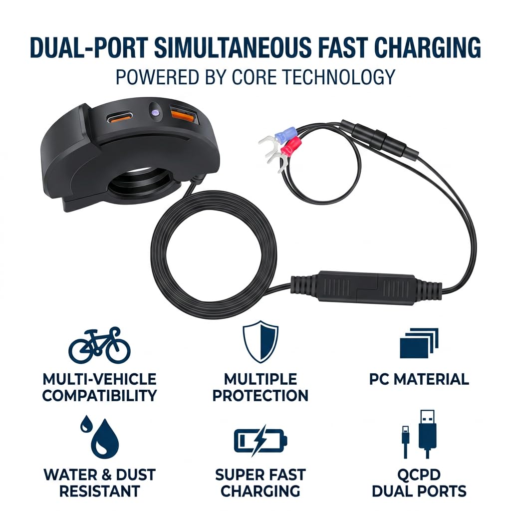 Chargeur USB Moto pour CRF 1000L, Double Port Type-C PD 30W QC3.0 Charge Rapide Adaptateur SAE vers USB avec Protection pour Téléphone