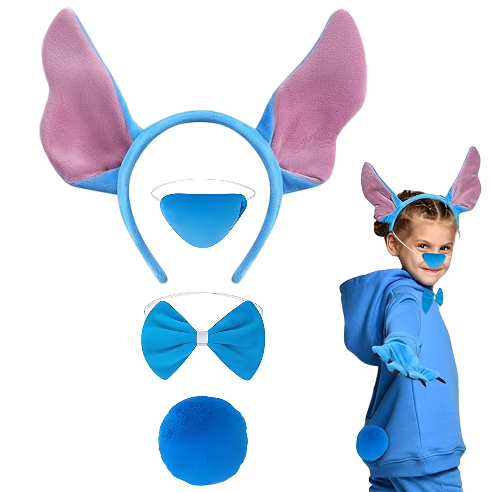 Blue Ears Headband, 4 Pcs Cute Animal Costume Set Include Blue Ears Headband Tie Nose Round Tail, Cute Animal Costume Accessories for Carnival Halloween Animals Theme Cosplay Fancy Dress Party
