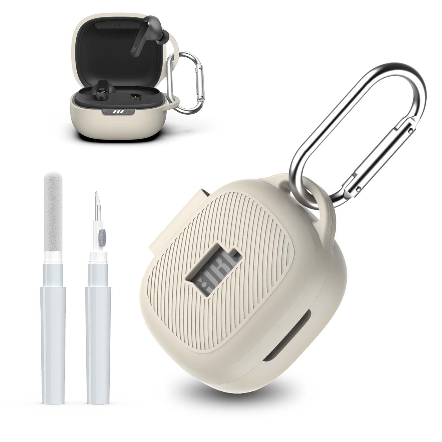 [3 in 1] for JBL Live Pro 2 Case Cover with Cleaner kit, Logo Visible Design Scratch Resistant Shockproof Silicone Protective Cover for JBL Live Pro 2 Earbuds with Carabiner-Apricot