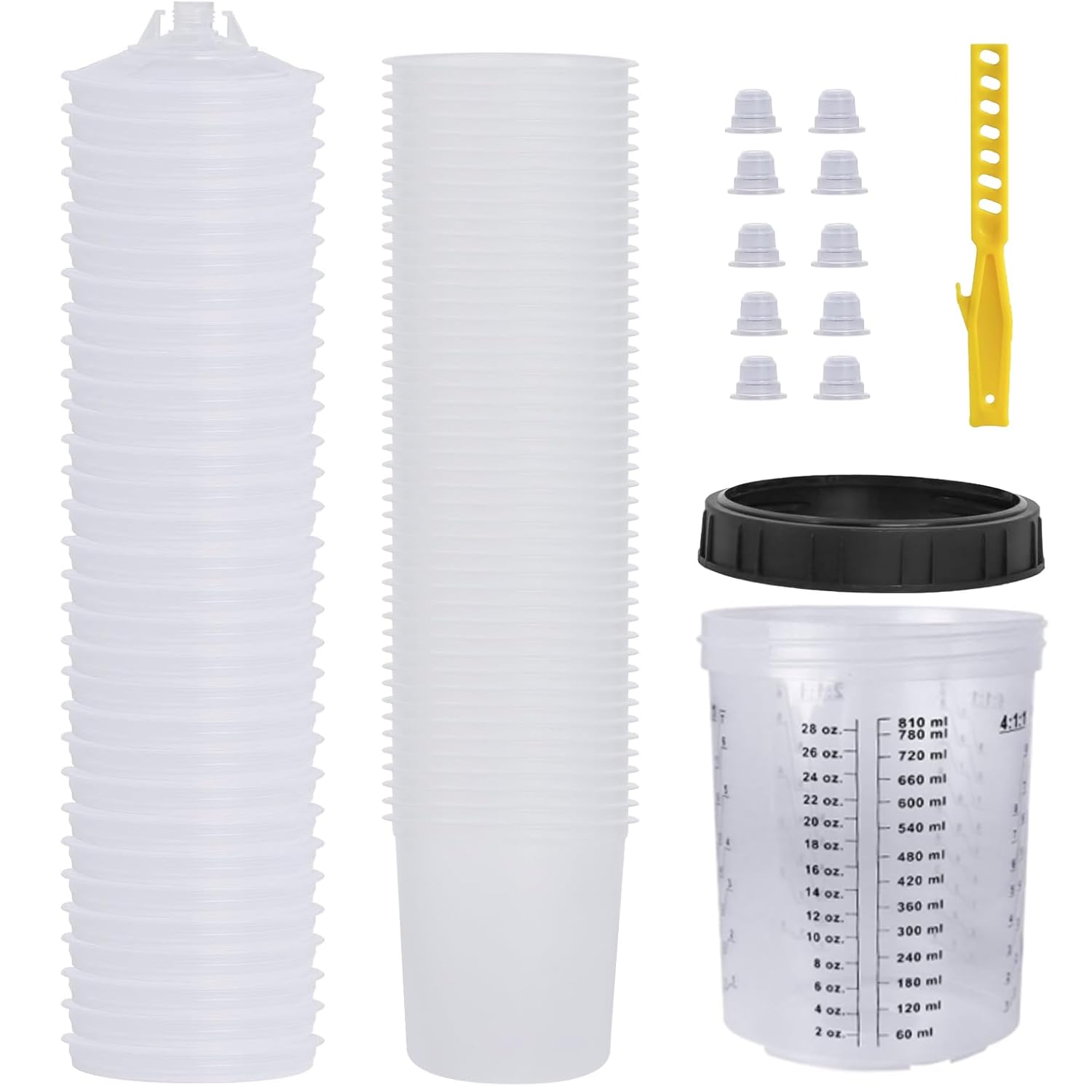 30 Stück Einweg Lackmischbecher für Lackierpistole - 800mL Becher mit Deckeln + 1 Rührstab (Komplettset)
