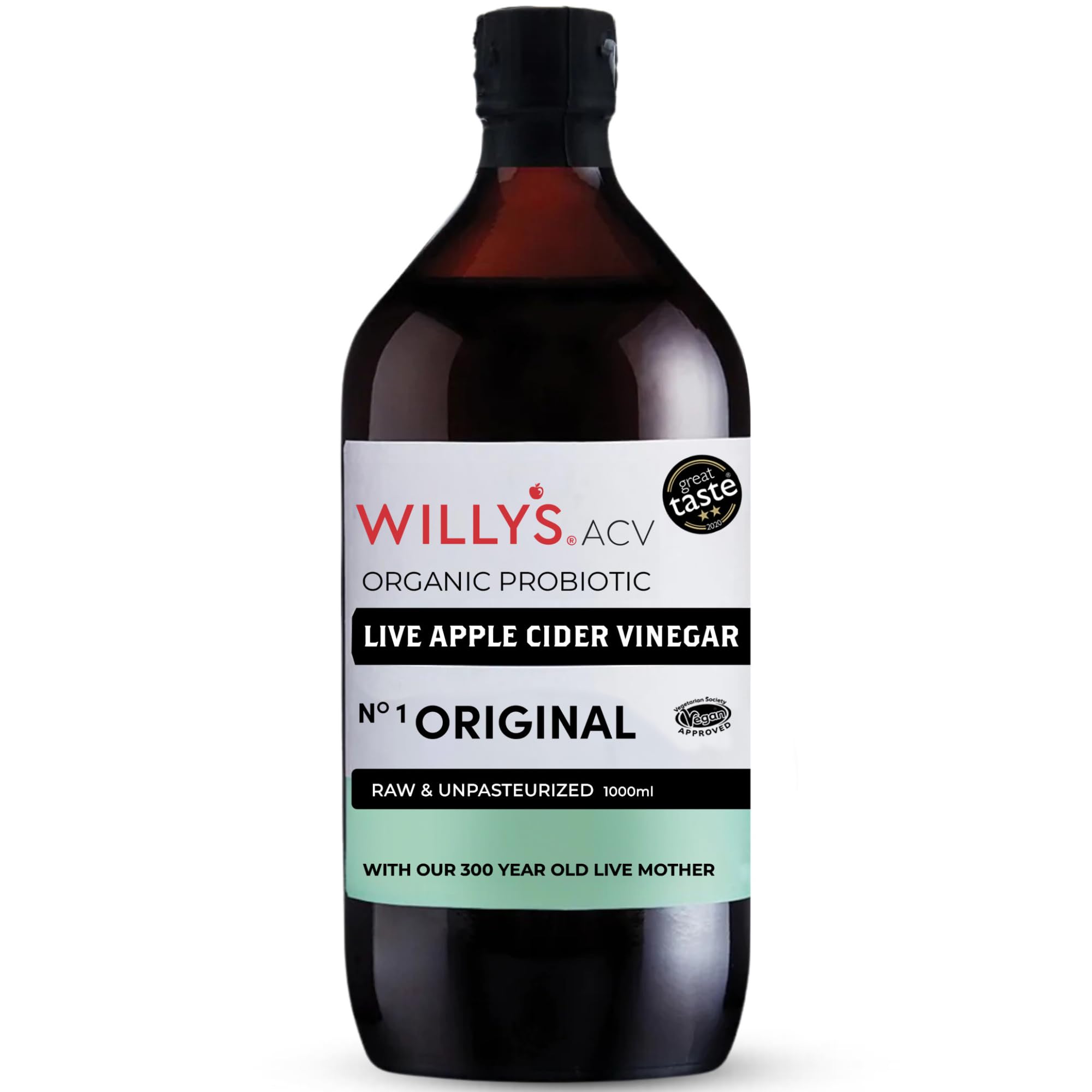 WILLY'S Apple Cider Vinegar with Live Mother - Probiotics For Detox & Gut Health - 1L Glass Bottle - Organic, Raw, Unpasteurised, Naturally Fermented ACV
