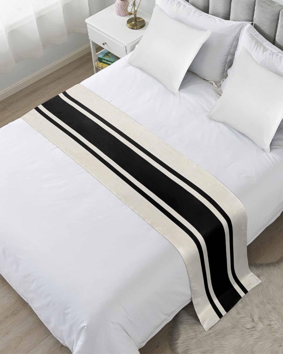 Black Vintage Bed Runner Scarf King Size, Geometric Stripes Simple Lines Luxury Bed Throw Runners & Scarves for Twin Full Queen King Foot of Bed, Bedroom Hotel Wedding Room Decoration, 94"x20"