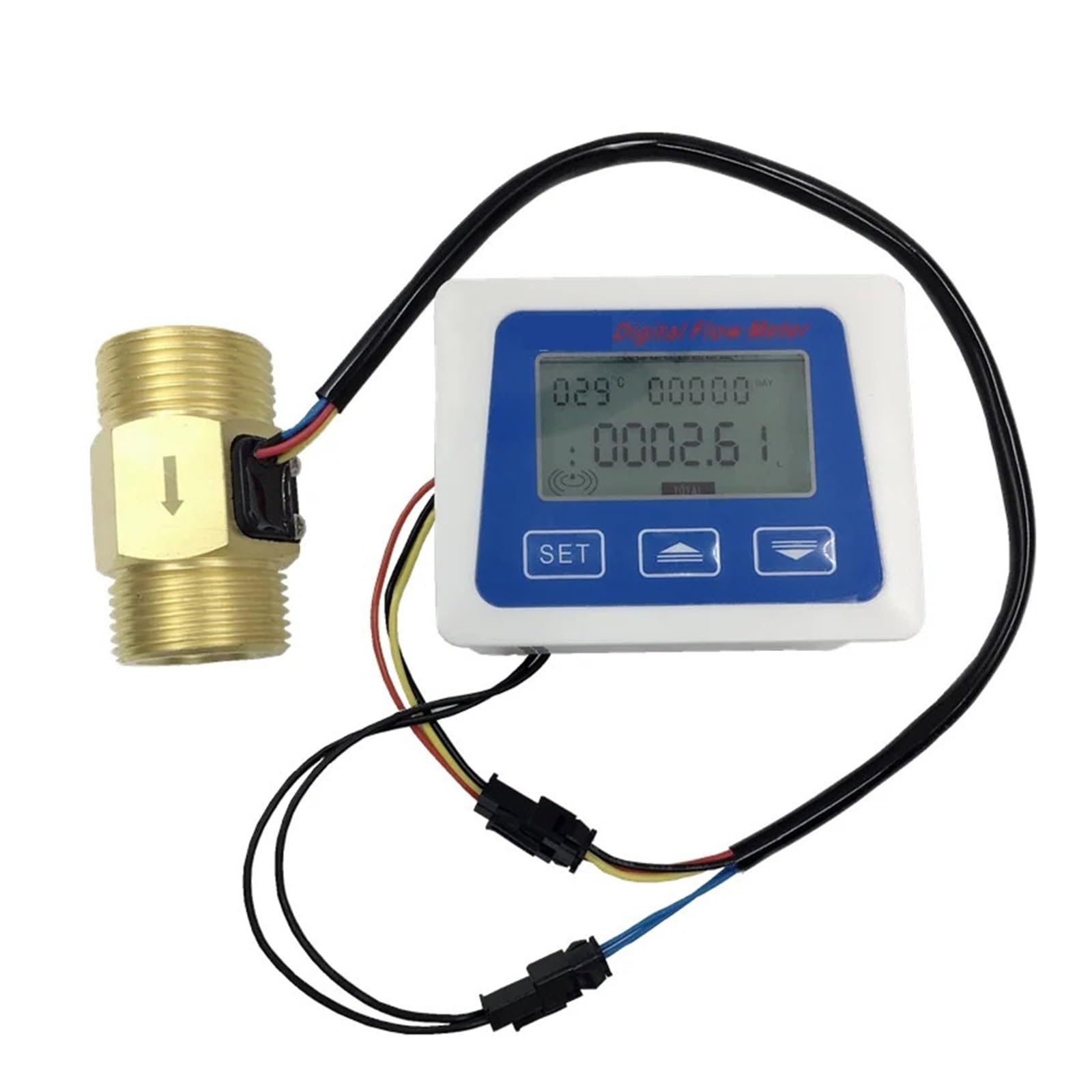 Medidor de caudal de agua, Medidor de flujo digital Sensor de flujo de turbina de 1" 4-45L/min + Tasa de medición de temperatura NTC Litros totales(Brass)