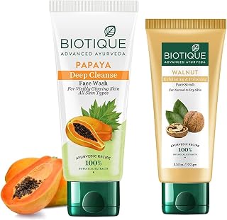 Biotique Bio Papaya Visibly Flawless Skin Face Wash For All Skin Types, 150ml & Biotique Bio Walnut Purifying and Polishing Scrub, 100g