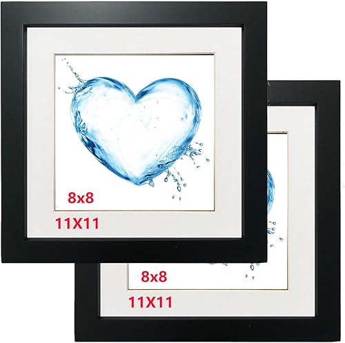 Portarretratos negros de 11 x 11 pulgadas con paspartú de 8 x 8 pulgadas, marco de madera maciza. Juego de 2. Panel de plástico (debe quitarse la