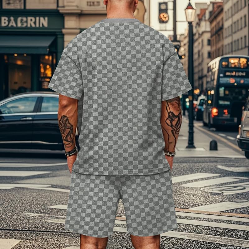 TAFLE Men's 2 Piece Set Summer Outfits Casual Geometric Texture Short Sleeve Shirt and Shorts Track Suits for Men Set - Image 2