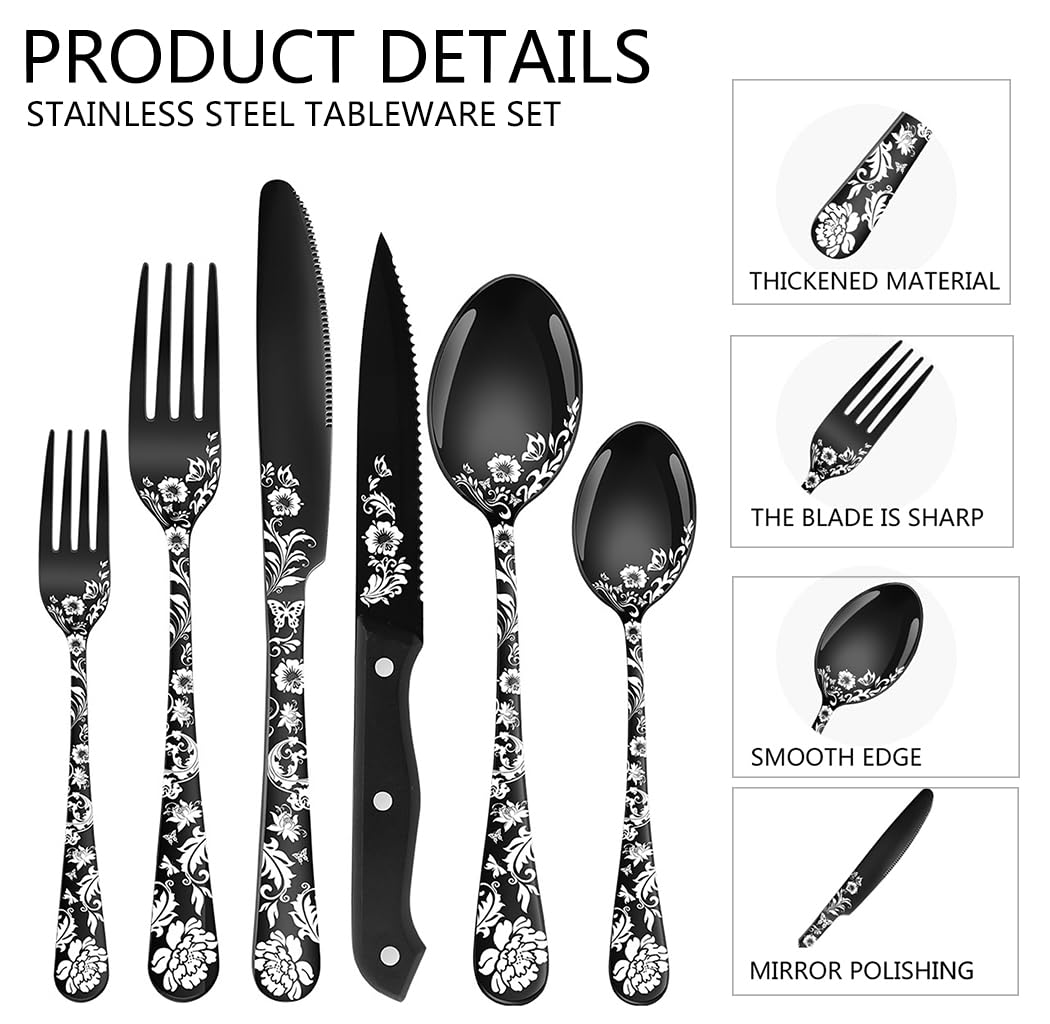 XIAOYU Juego de Cubiertos de 48 Piezas con Cuchillos para Carne, Juego de Cubiertos de Acero Inoxidable para 8 Personas, Juego de Cucharas, Tenedores y Cuchillos con láser único de Flor de peonía
