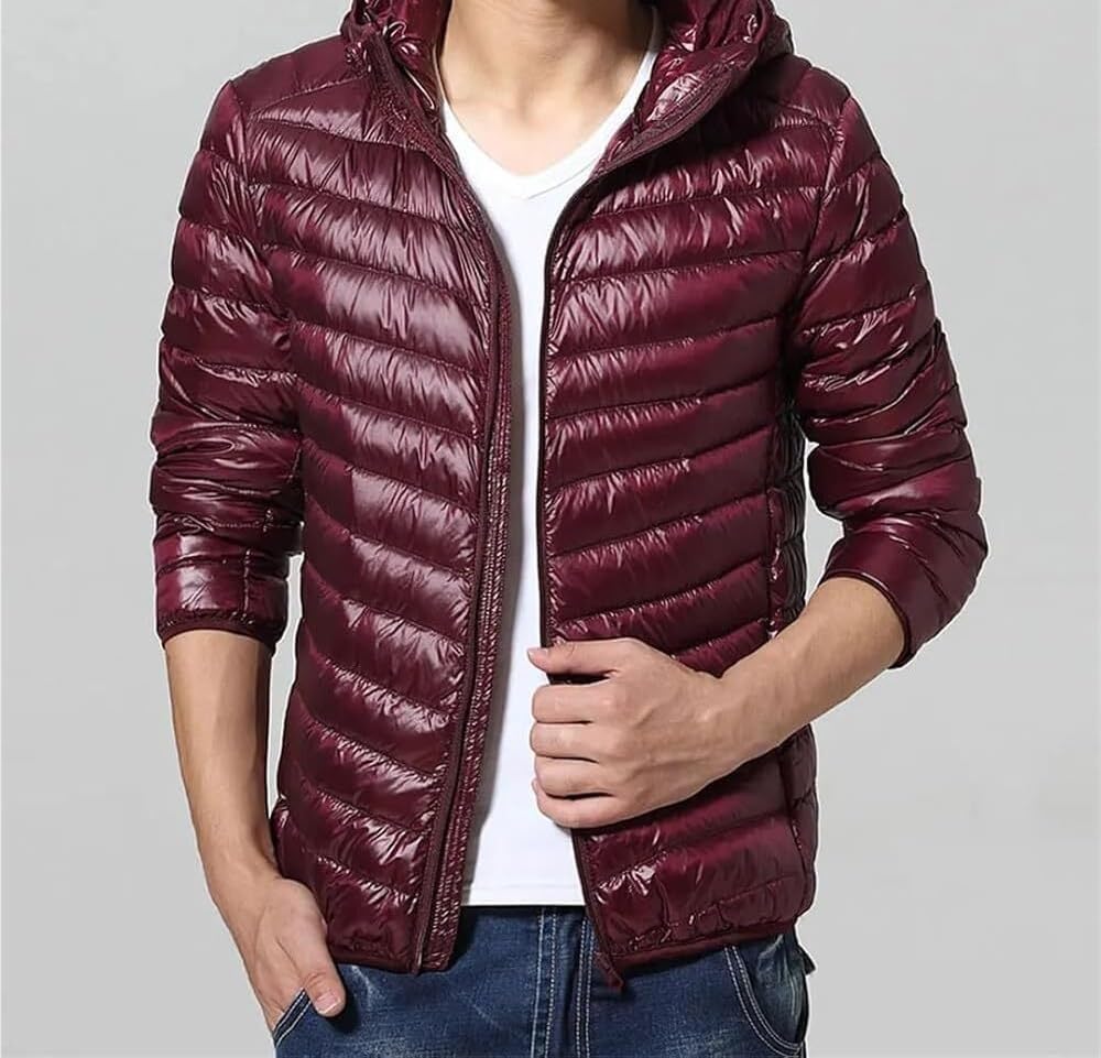Mens Slim Fit Hooded Puffer Jacket Glossy Winter Warm Down Alternative Coat Lightweight Quilted Insulated