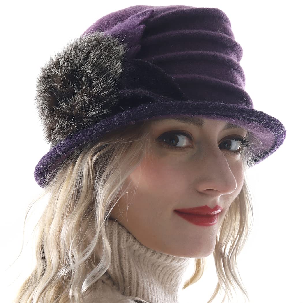 Hisshe Women's Purple Lady Wool Floral Bucket Cloche Bowler Hat Felt Dress Hat C030 (Purple)(Size: M(56Cm~58Cm))