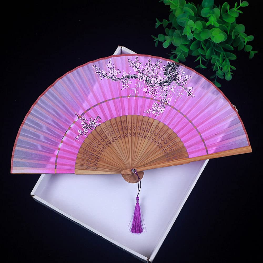 RWRAPS Abanico Plegable, Abanico Plegable De Mano De Seda Flor Abanicos De Mano De Bambú Ahuecado Retro Japonés con Manga De Tela De Borlas para Decoraciones, Negro (Peonía) (Flor De Ciruelo)
