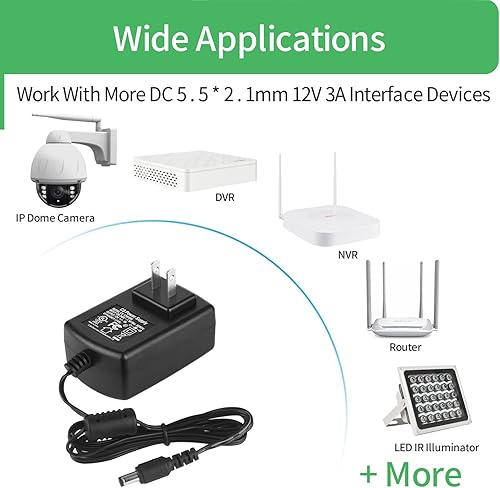 Miniatura 5 de Certificado UL Paquete de 2 adaptadores de fuente de alimentación CA 100-240V a CC 12V 3A 0.217 in x 0.083 in para cámara CCTV DVR NVR tira de luz